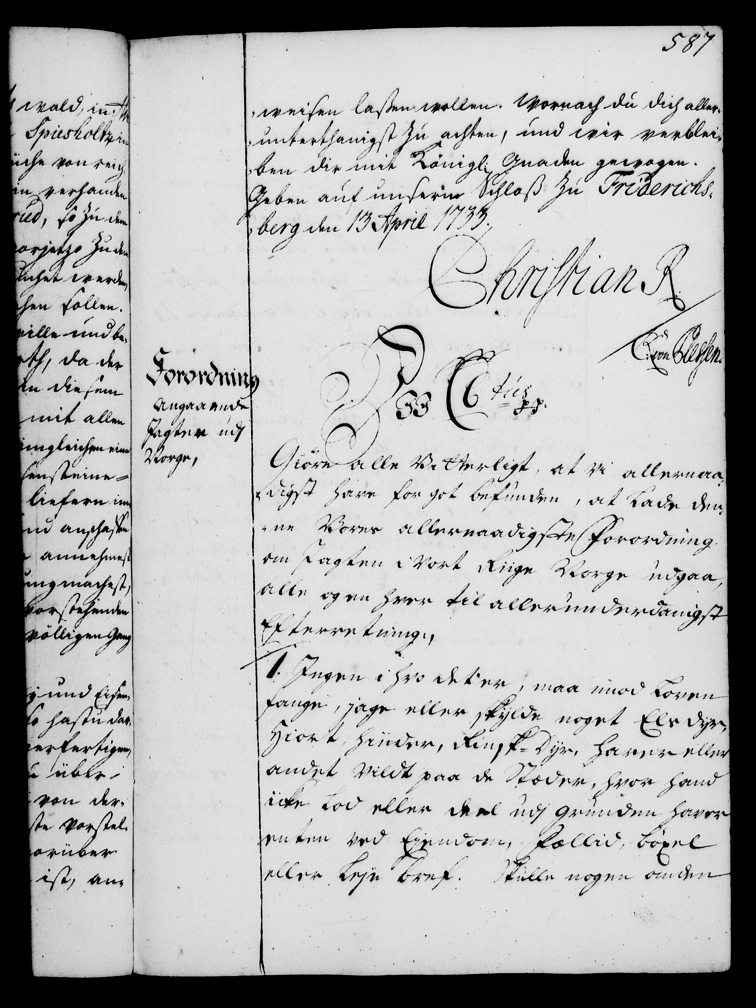 Rentekammeret, Kammerkanselliet, RA/EA-3111/G/Gg/Gga/L0003: Norsk ekspedisjonsprotokoll med register (merket RK 53.3), 1727-1734, s. 587