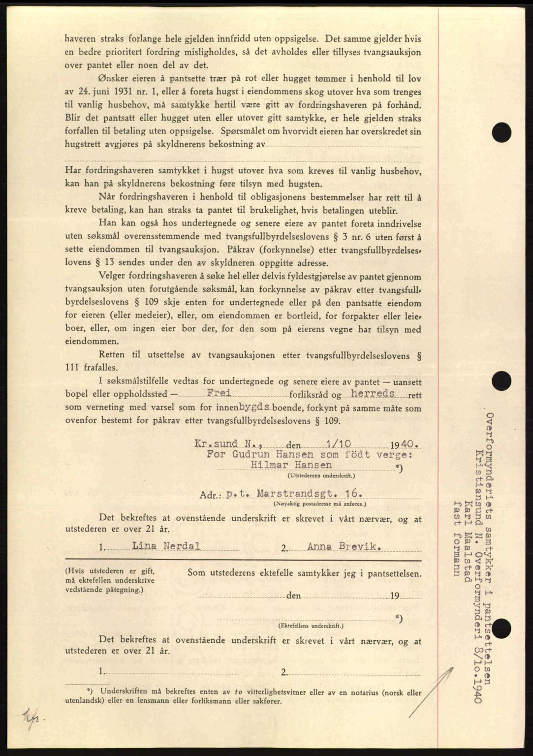 Nordmøre sorenskriveri, AV/SAT-A-4132/1/2/2Ca: Pantebok nr. B87, 1940-1941, Dagboknr: 1675/1940