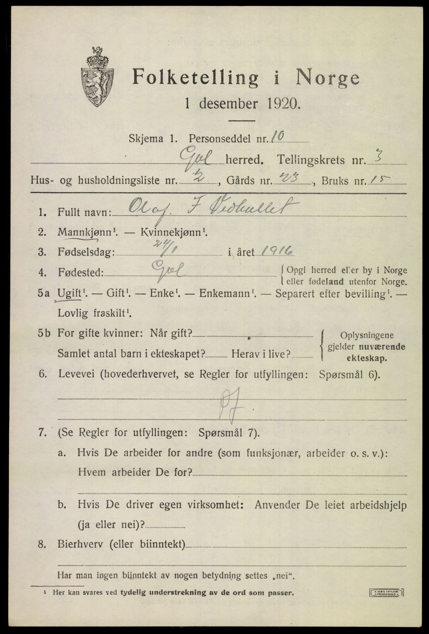 SAKO, Folketelling 1920 for 0617 Gol herred, 1920, s. 2208