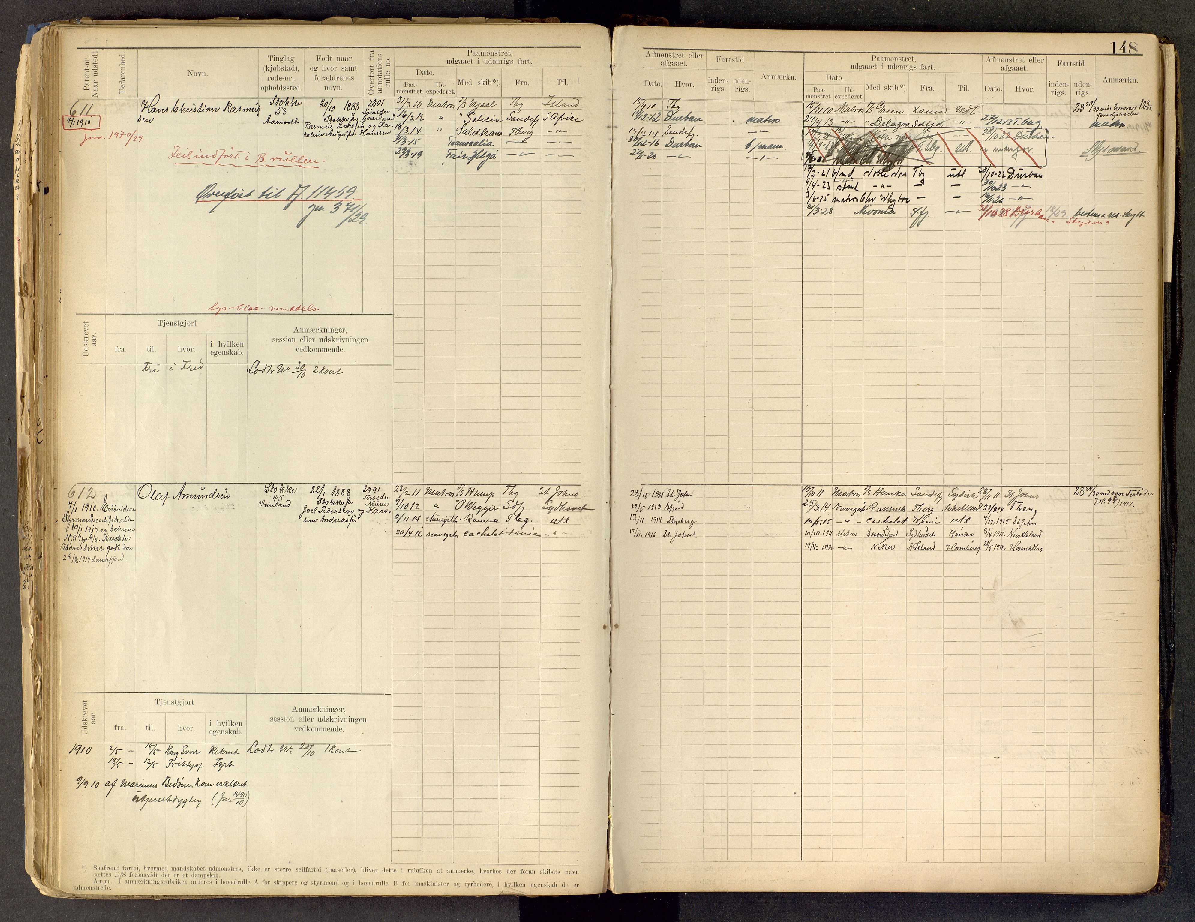 Tønsberg innrulleringskontor, AV/SAKO-A-786/F/Fe/L0002: Maskinist- og fyrbøterrulle Patent nr. 315-1110, 1902-1924, s. 148