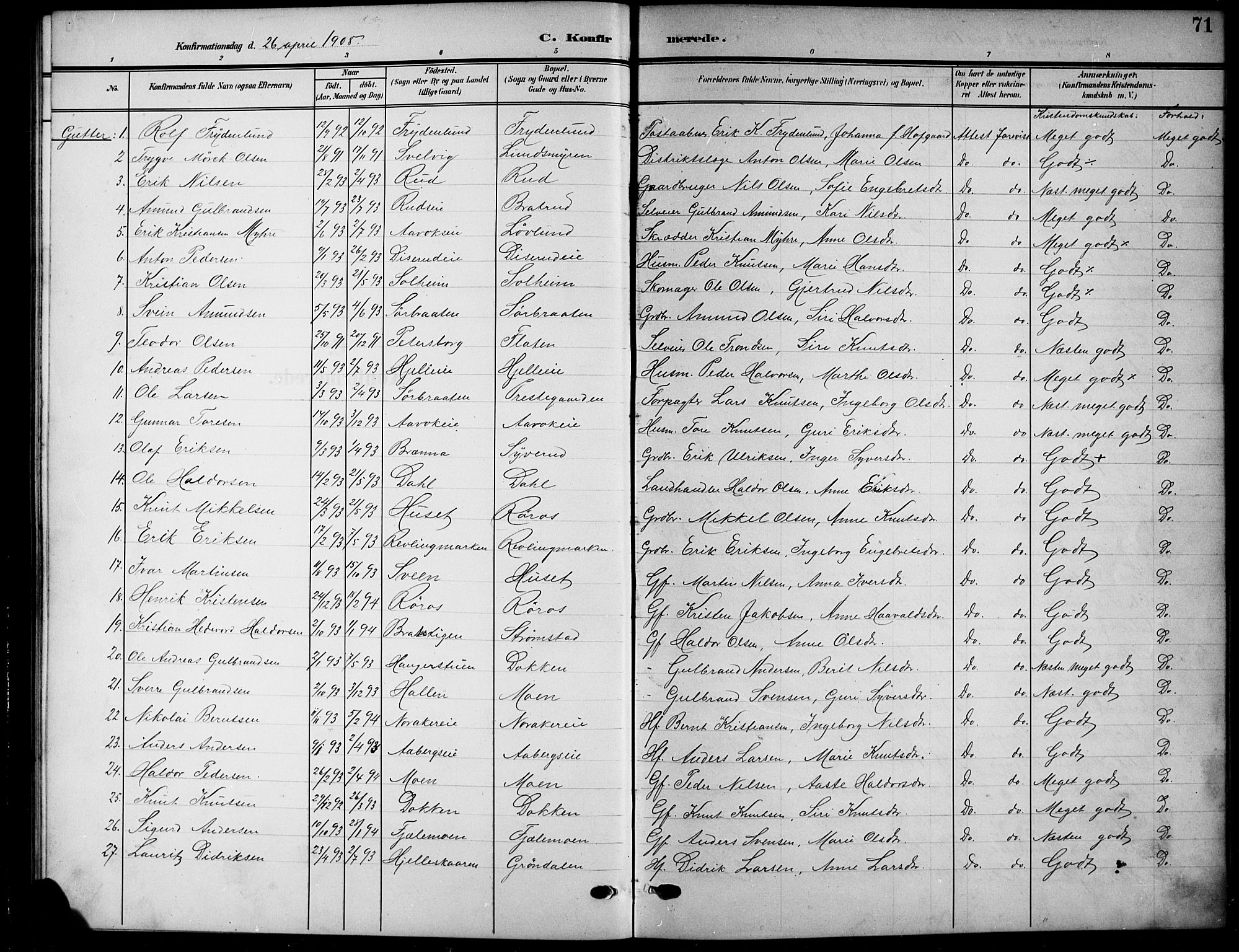 Nord-Aurdal prestekontor, AV/SAH-PREST-132/H/Ha/Hab/L0012: Klokkerbok nr. 12, 1907-1920, s. 71