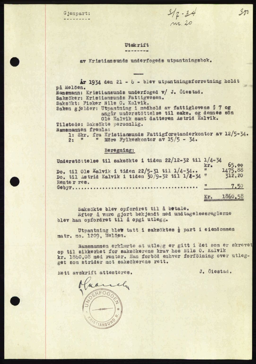 Kristiansund byfogd, AV/SAT-A-4587/A/27: Pantebok nr. 27, 1933-1934, Tingl.dato: 03.07.1934