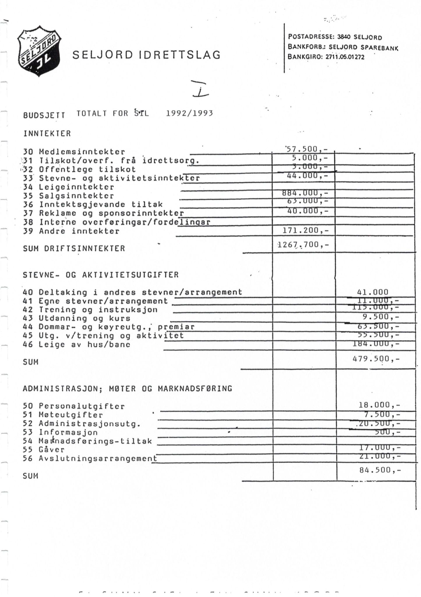 Seljord Idrettslag, VTM/A-1034/A/Ab/L0002: Årsmeldingar, 1992