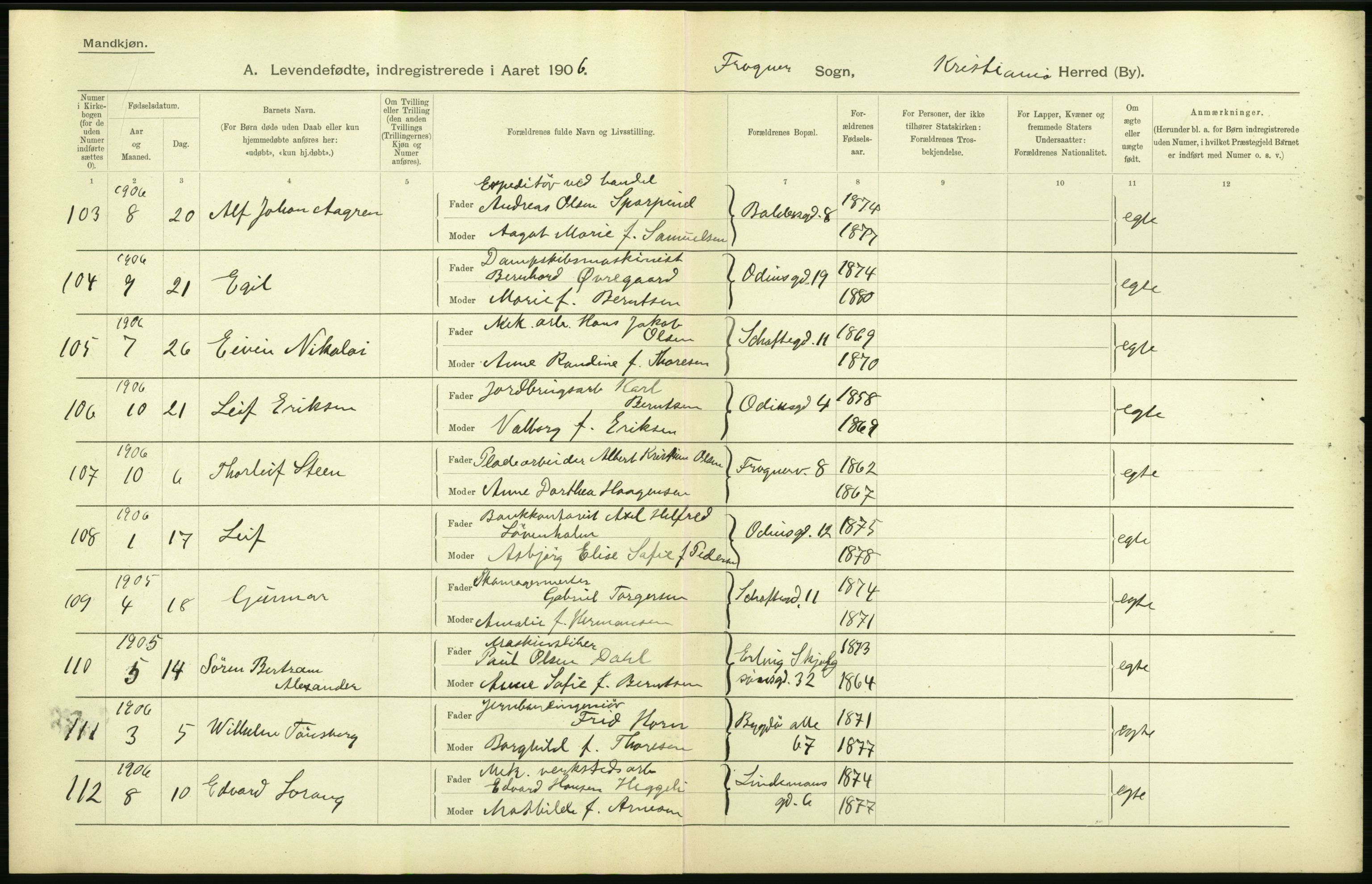Statistisk sentralbyrå, Sosiodemografiske emner, Befolkning, AV/RA-S-2228/D/Df/Dfa/Dfad/L0006: Kristiania: Levendefødte menn og kvinner., 1906, s. 6