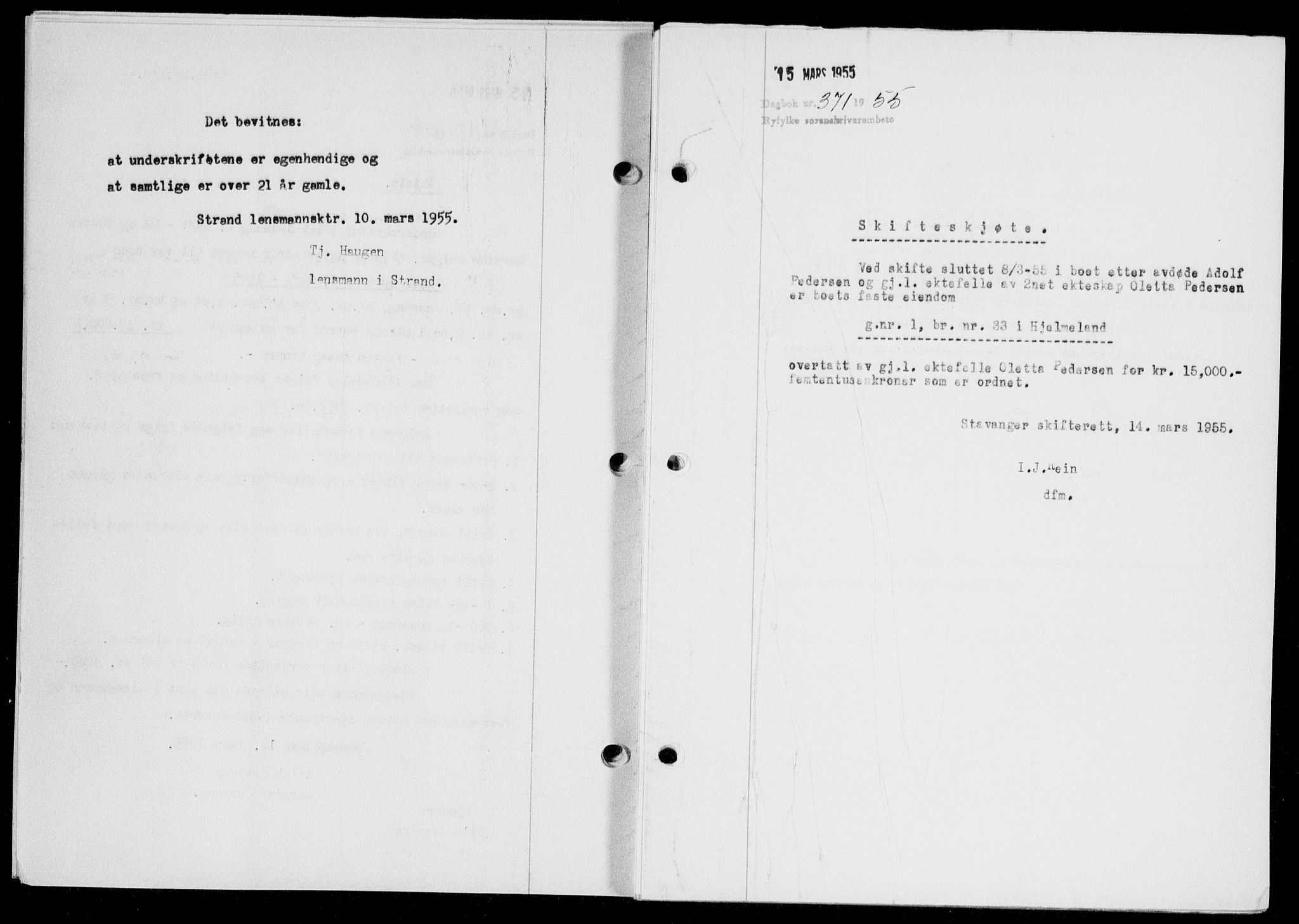 Ryfylke tingrett, SAST/A-100055/001/II/IIB/L0128: Pantebok nr. 107, 1954-1955, Dagboknr: 371/1955