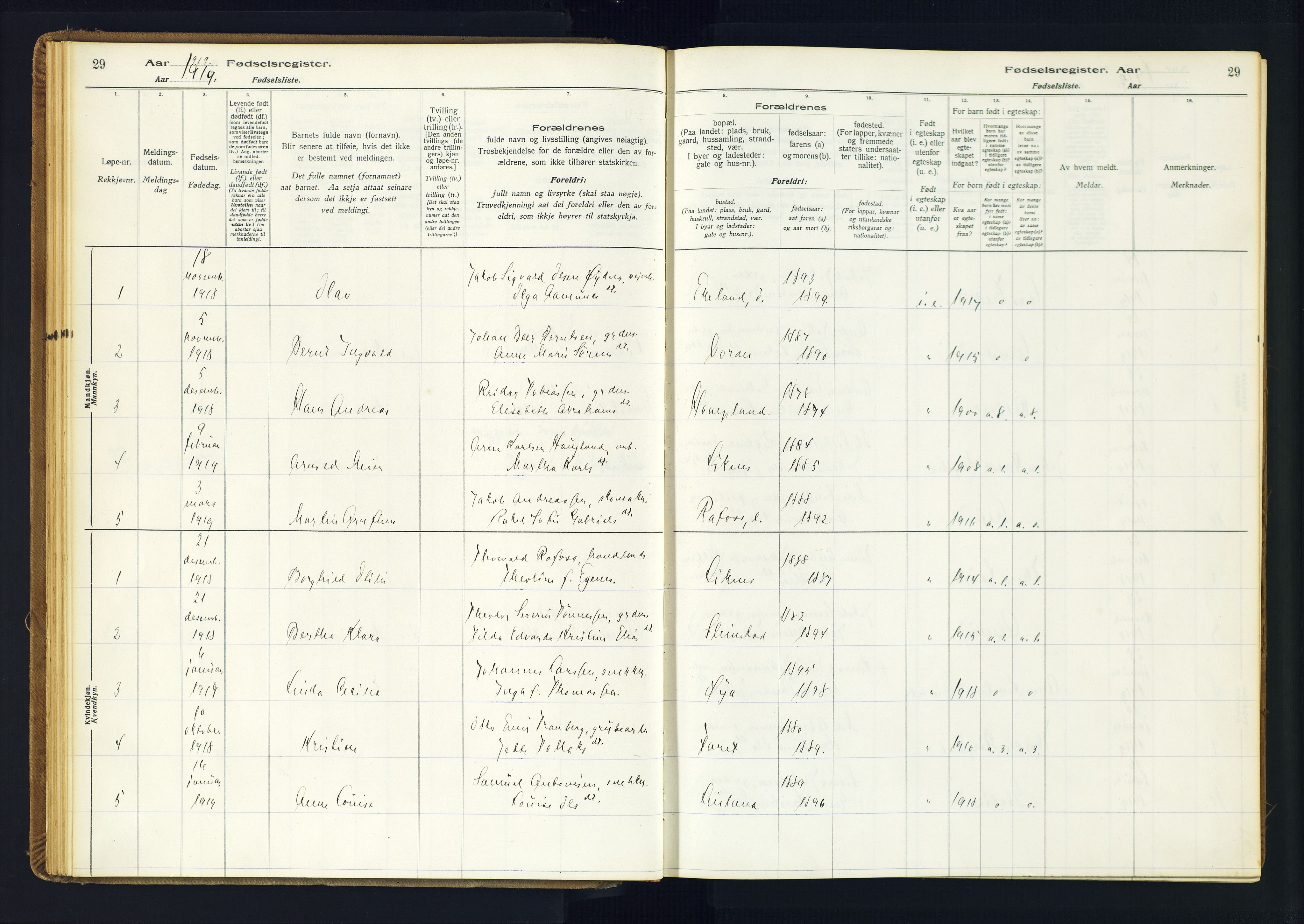 Kvinesdal sokneprestkontor, SAK/1111-0026/J/Ja/L0001: Fødselsregister nr. 1, 1916-1941, s. 29