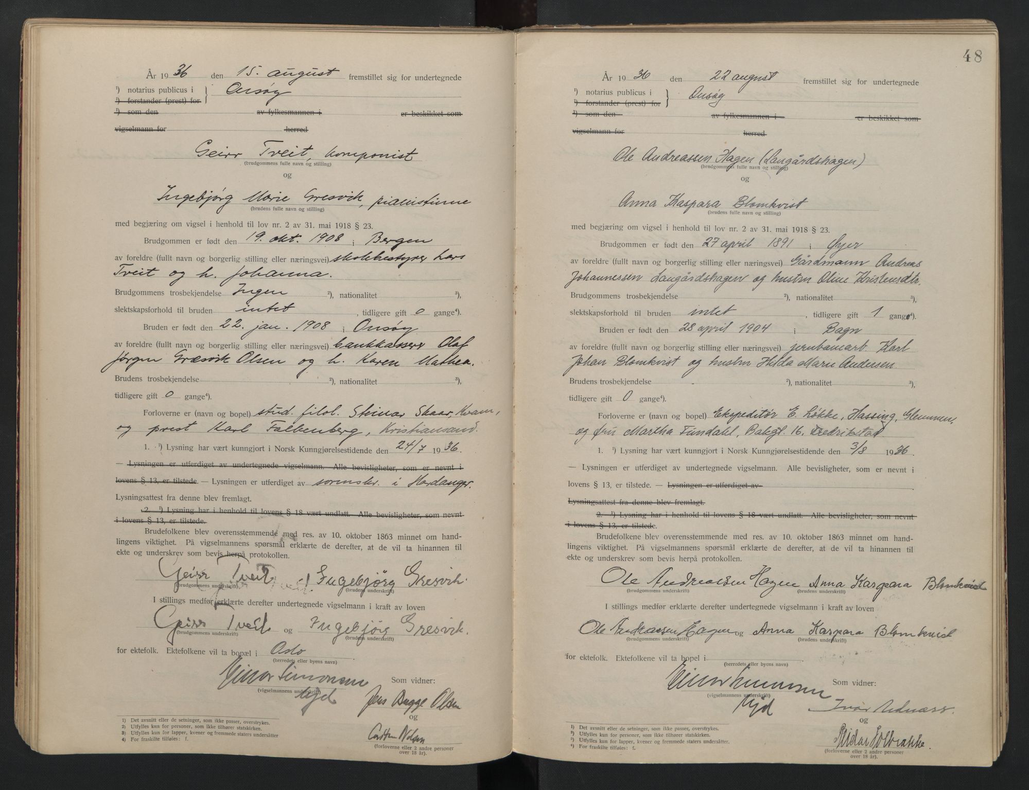 Onsøy sorenskriveri, AV/SAO-A-10474/L/La/L0001: Vigselsbok, 1920-1942, s. 48