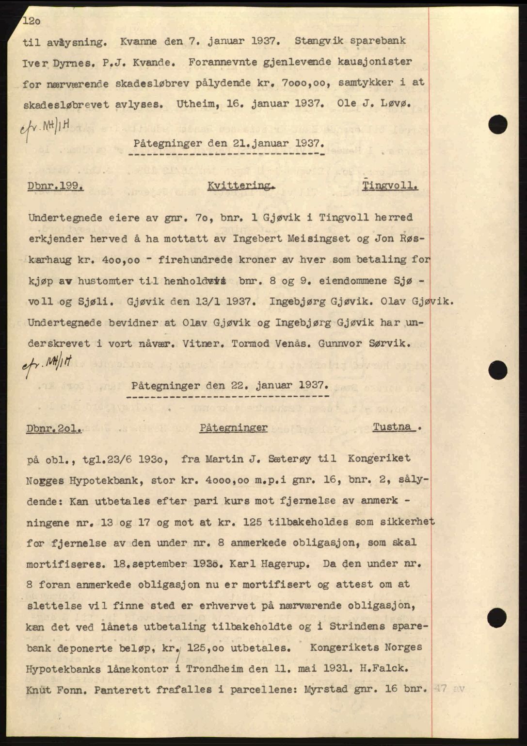 Nordmøre sorenskriveri, SAT/A-4132/1/2/2Ca: Pantebok nr. C80, 1936-1939, Dagboknr: 199/1937