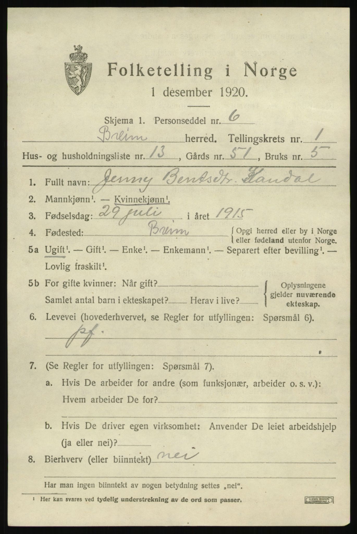 SAB, Folketelling 1920 for 1446 Breim herred, 1920, s. 803