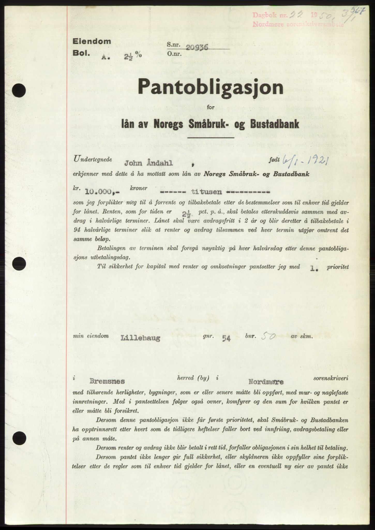 Nordmøre sorenskriveri, AV/SAT-A-4132/1/2/2Ca: Pantebok nr. B103, 1949-1950, Dagboknr: 22/1950