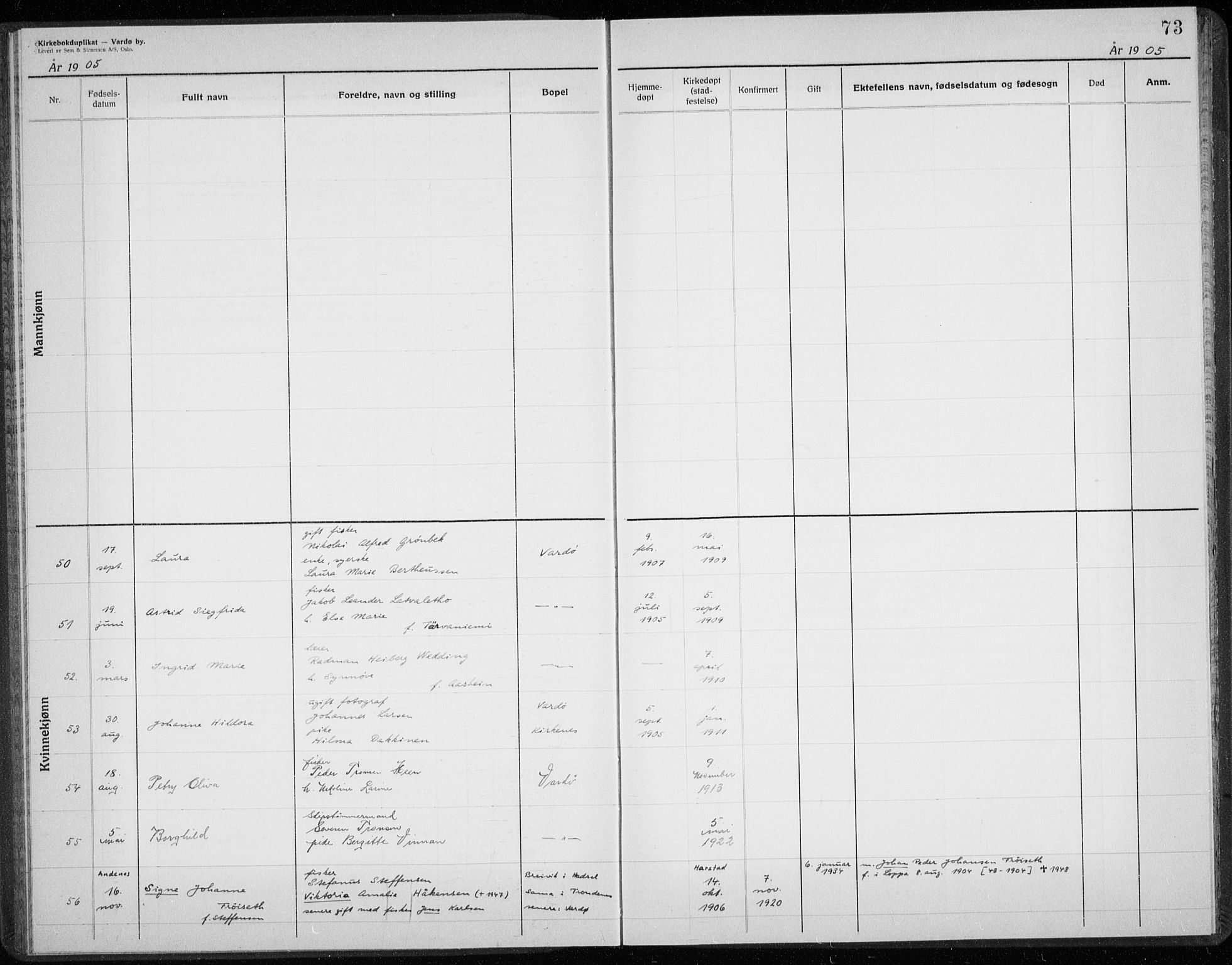 Vardø sokneprestkontor, AV/SATØ-S-1332/H/Hc/L0001kirkerekon: Annen kirkebok nr. 1, 1900-1914, s. 73