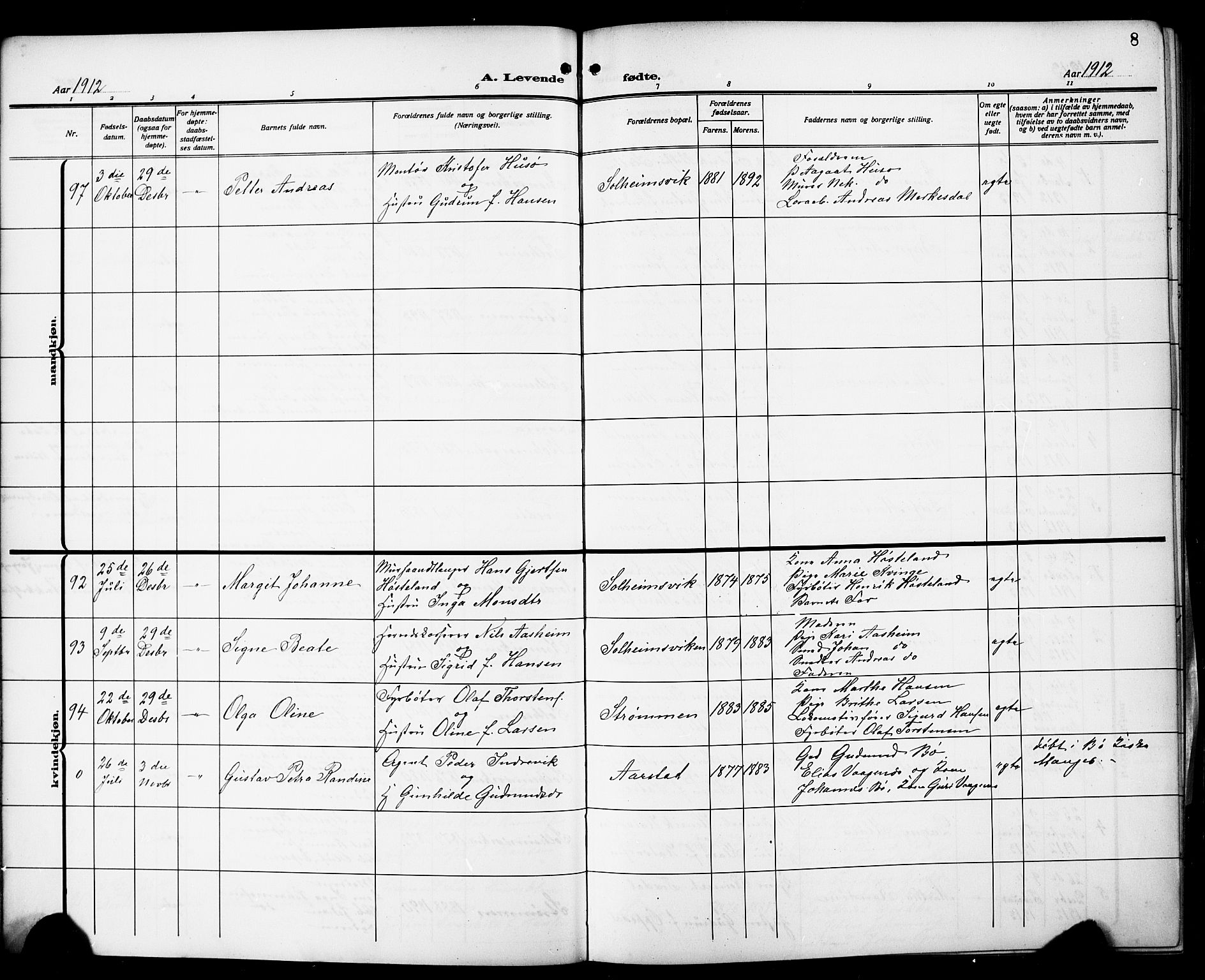 Årstad Sokneprestembete, AV/SAB-A-79301/H/Hab/L0003: Klokkerbok nr. A 3, 1912-1921, s. 8