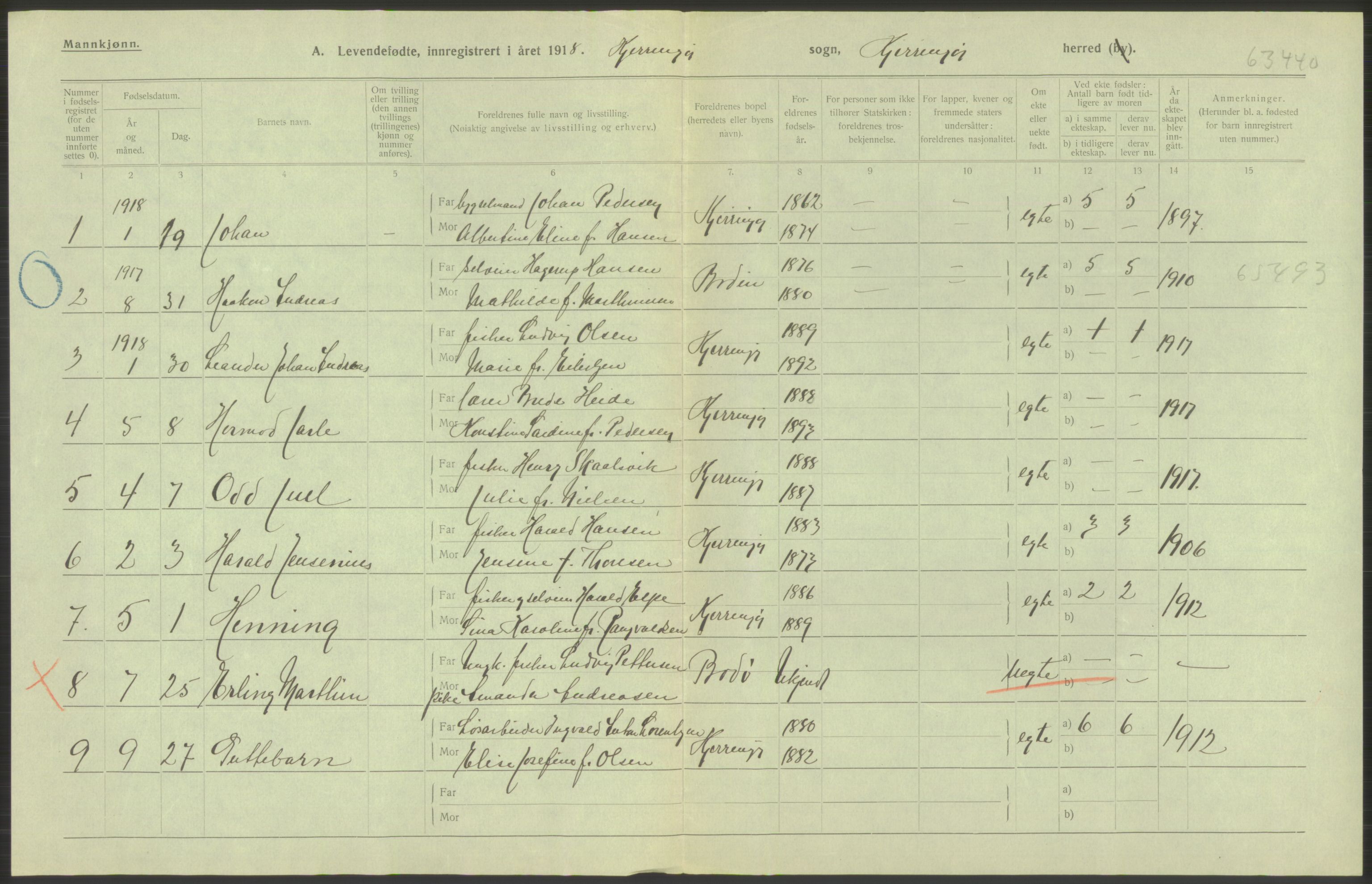 Statistisk sentralbyrå, Sosiodemografiske emner, Befolkning, AV/RA-S-2228/D/Df/Dfb/Dfbh/L0052: Nordland fylke: Levendefødte menn og kvinner. Bygder., 1918, s. 444