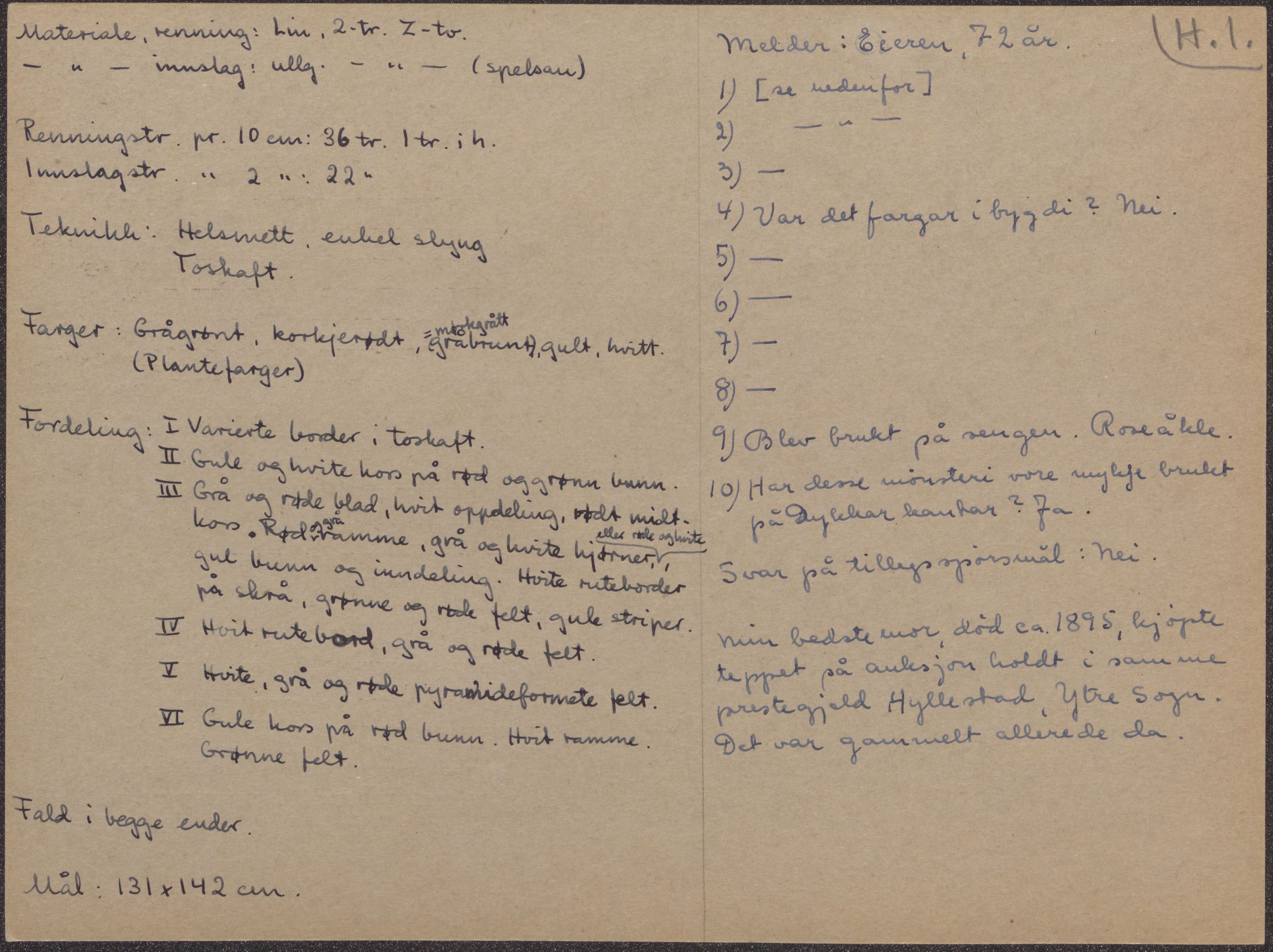 Åkleprosjektet 1957, UMB/A008/F/Fa/L0001/0004: Registreringskort Smettåkle A-H / Smettåkler H, 1957