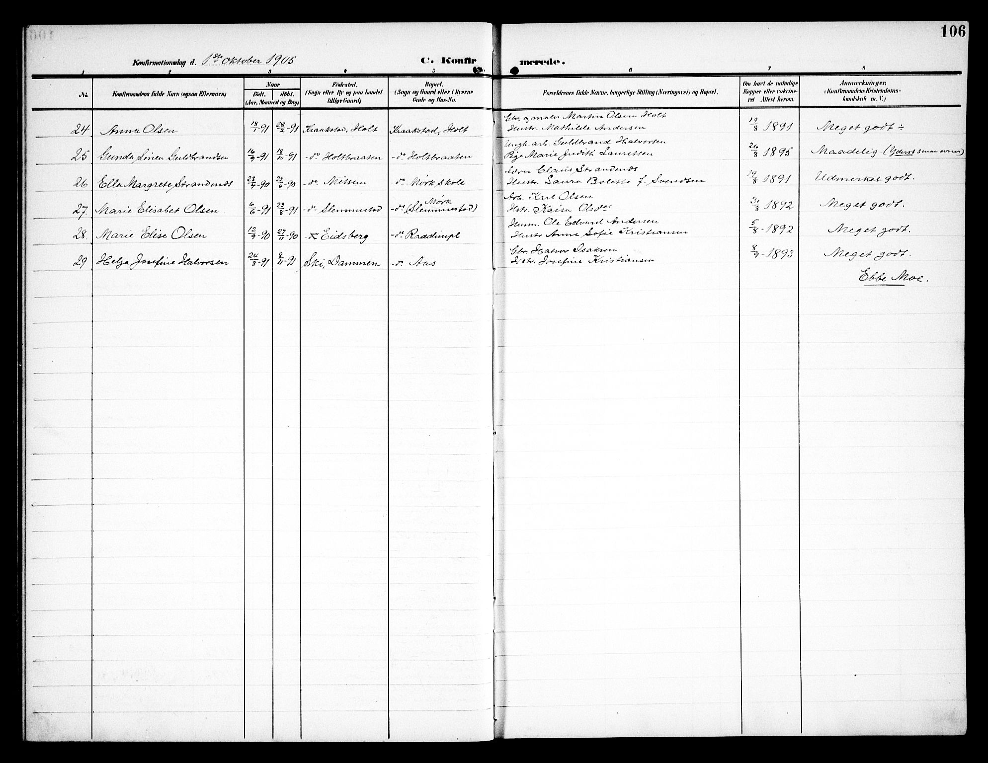 Kråkstad prestekontor Kirkebøker, AV/SAO-A-10125a/G/Ga/L0002: Klokkerbok nr. I 2, 1905-1934, s. 106