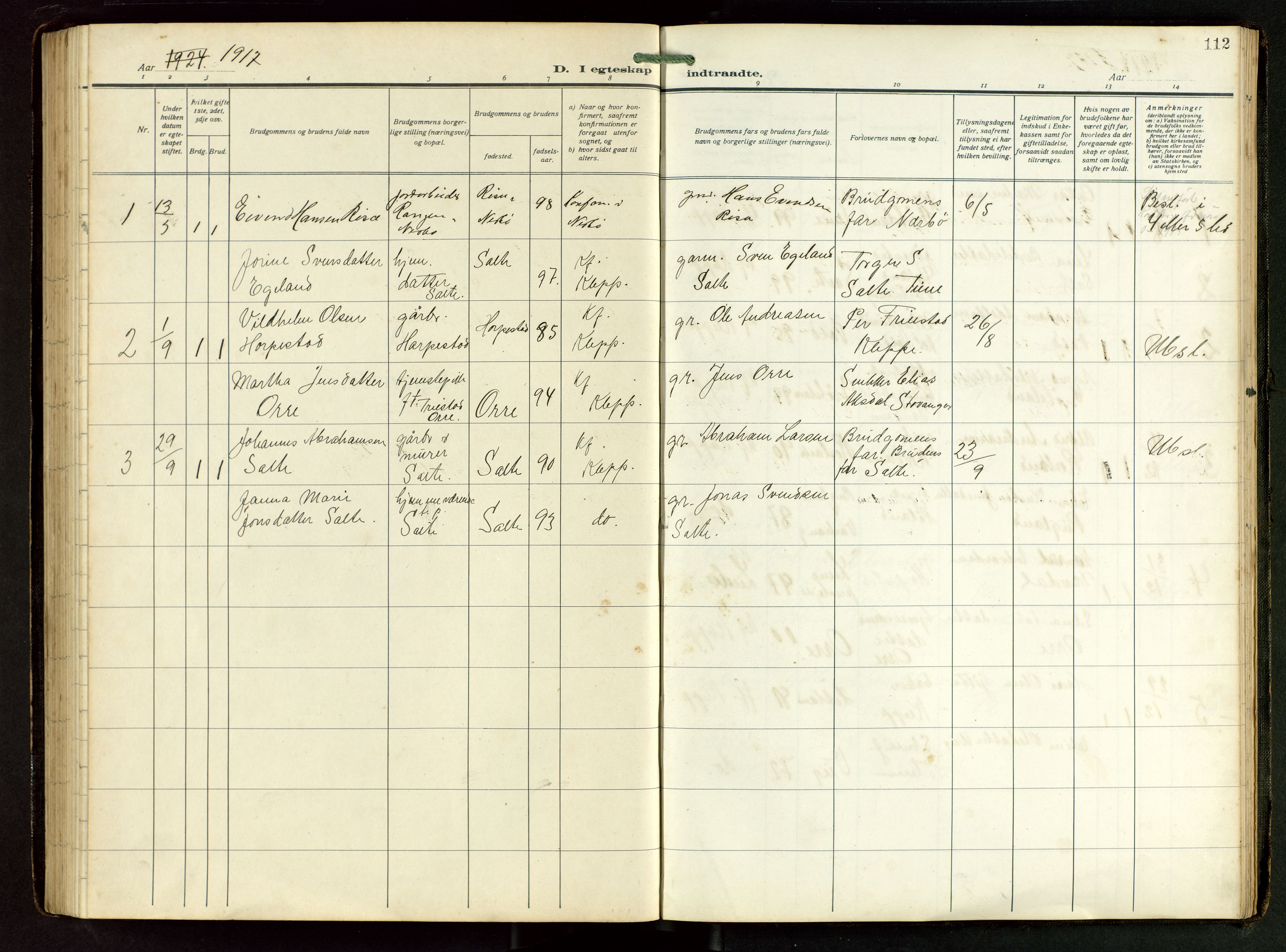 Klepp sokneprestkontor, SAST/A-101803/001/3/30BB/L0008: Klokkerbok nr. B 8, 1918-1949, s. 112