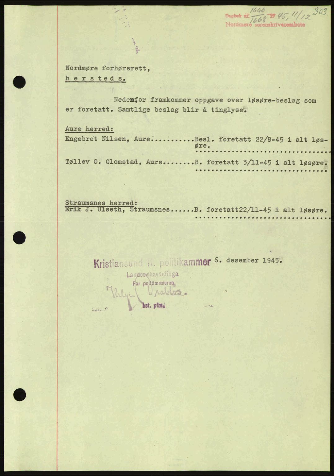 Nordmøre sorenskriveri, AV/SAT-A-4132/1/2/2Ca: Pantebok nr. B93a, 1945-1945, Dagboknr: 1666/1945