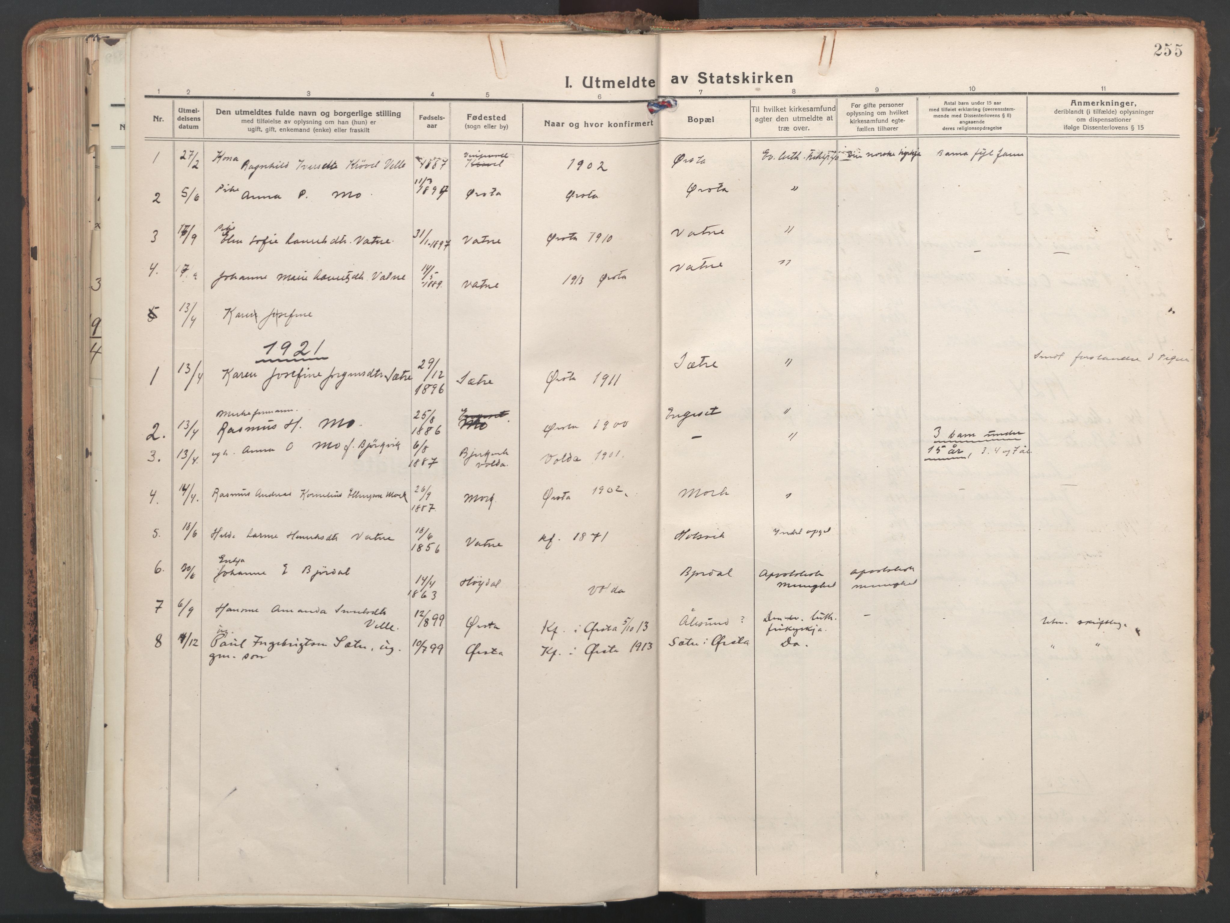 Ministerialprotokoller, klokkerbøker og fødselsregistre - Møre og Romsdal, SAT/A-1454/513/L0180: Ministerialbok nr. 513A07, 1919-1929, s. 255