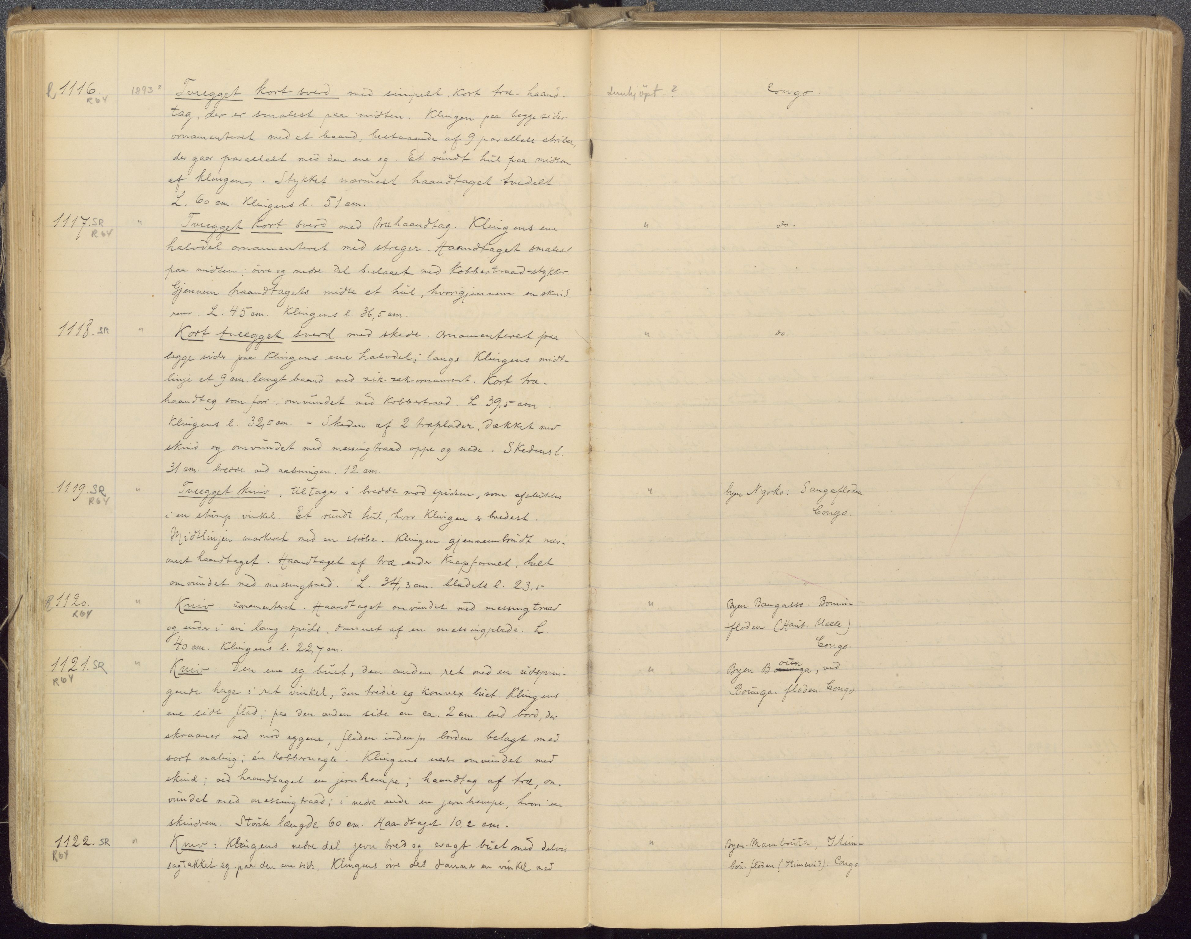 Etnografiske samlinger, UMB/A004/F/Fa/L0001: Katalog over den etnografiske samling 1 - 2800, 1894-1921, s. 207, 208