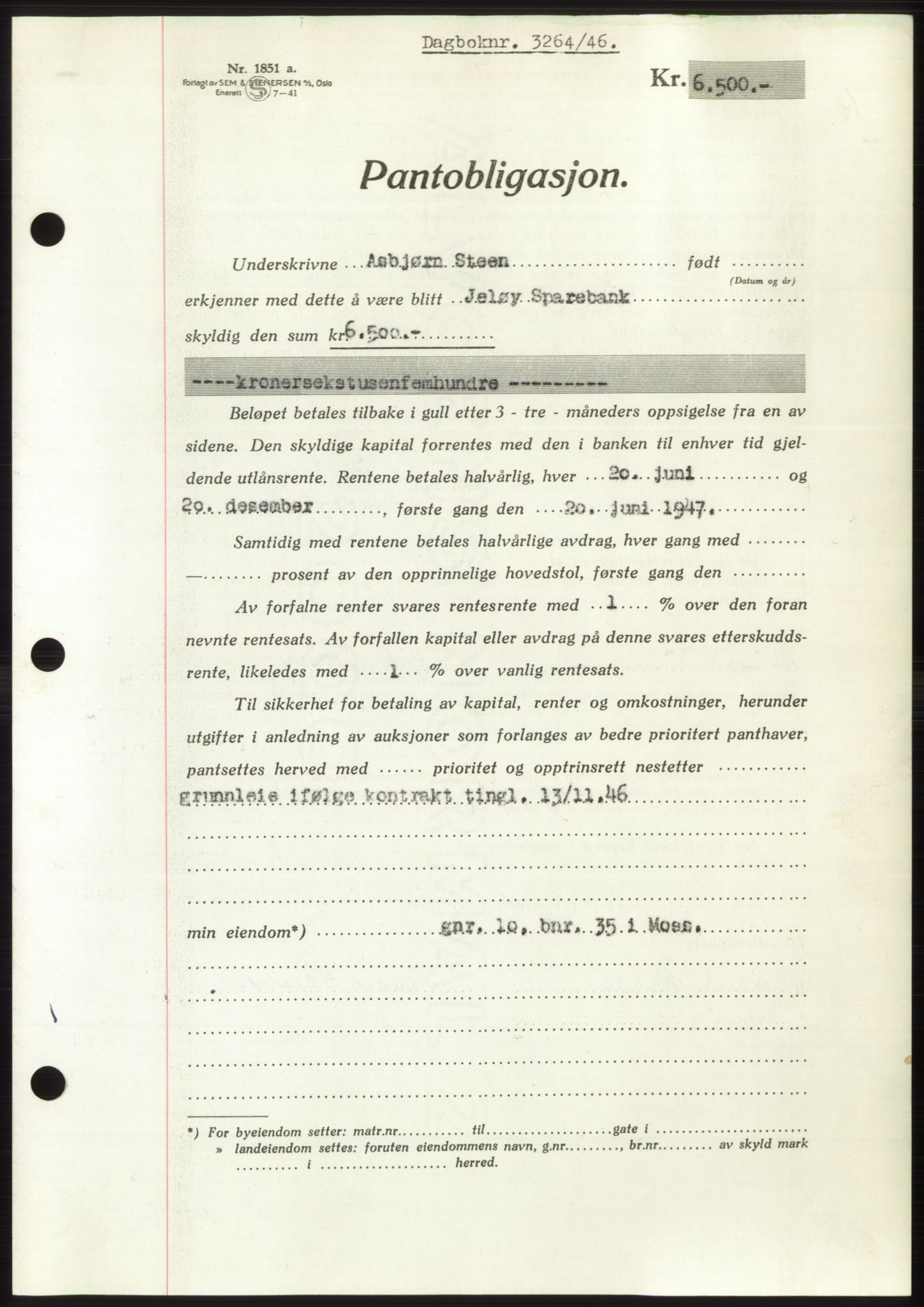 Moss sorenskriveri, SAO/A-10168: Pantebok nr. B16, 1946-1947, Dagboknr: 3264/1946