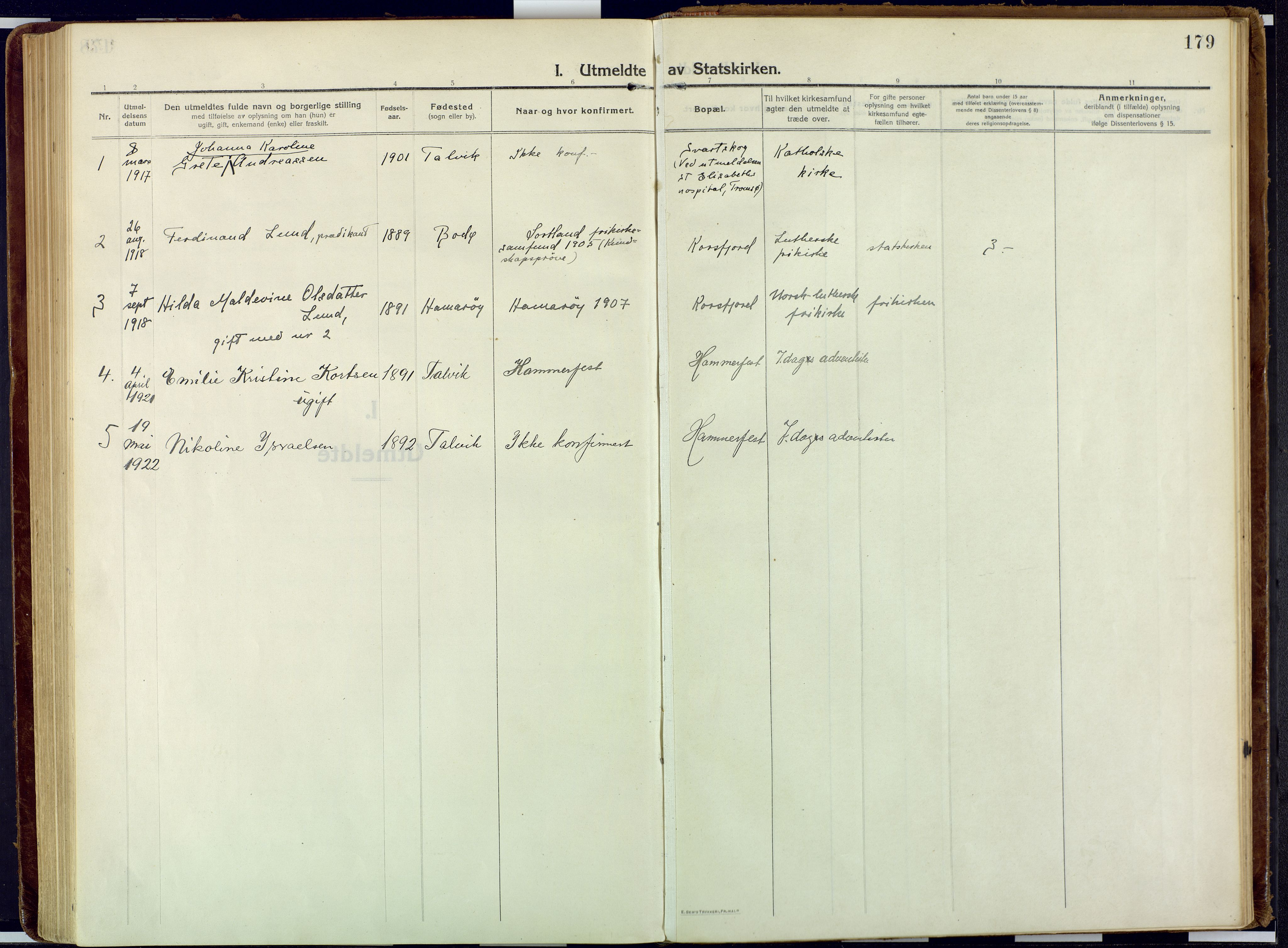 Talvik sokneprestkontor, AV/SATØ-S-1337/H/Ha/L0018kirke: Ministerialbok nr. 18, 1915-1924, s. 179