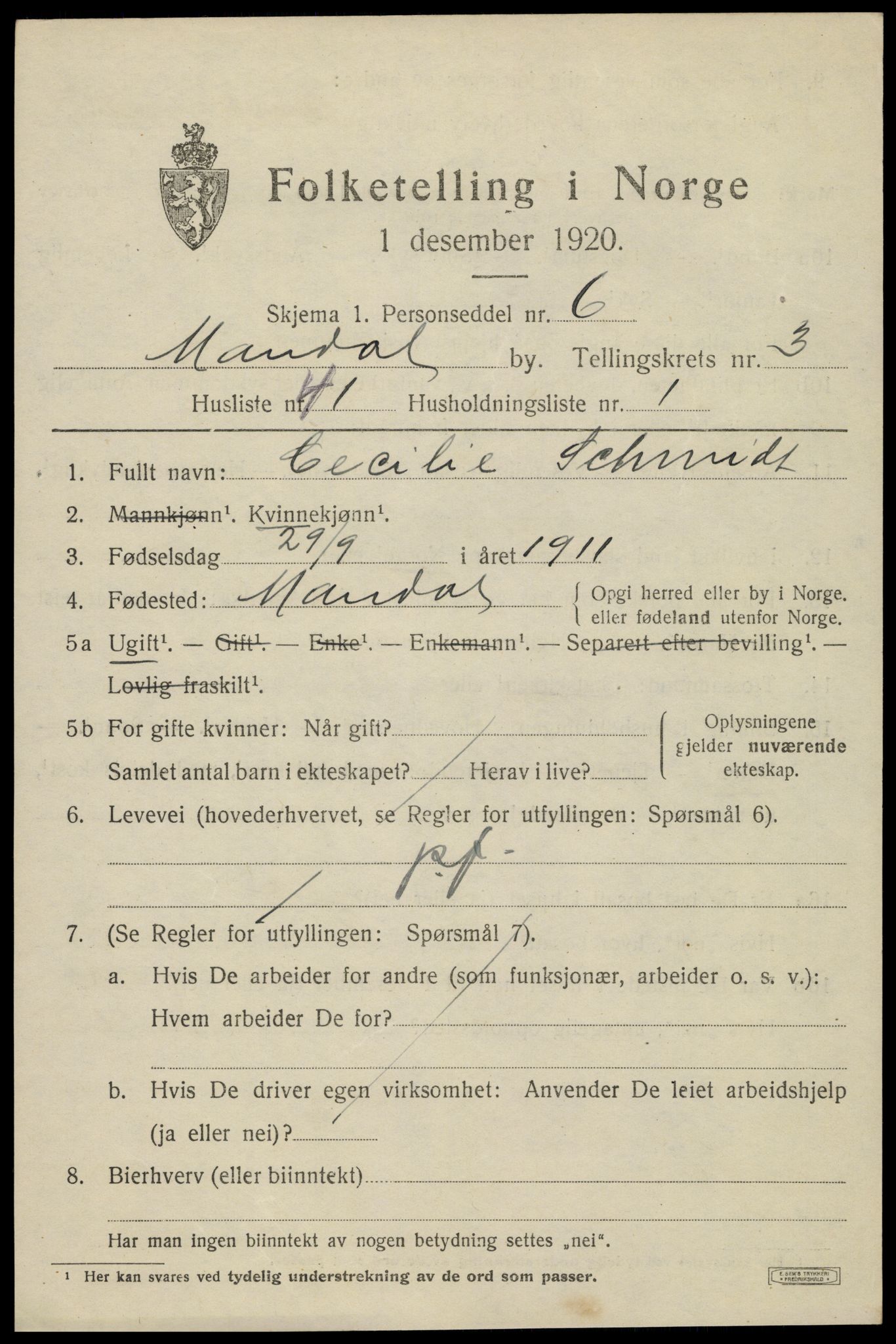 SAK, Folketelling 1920 for 1002 Mandal ladested, 1920, s. 5879