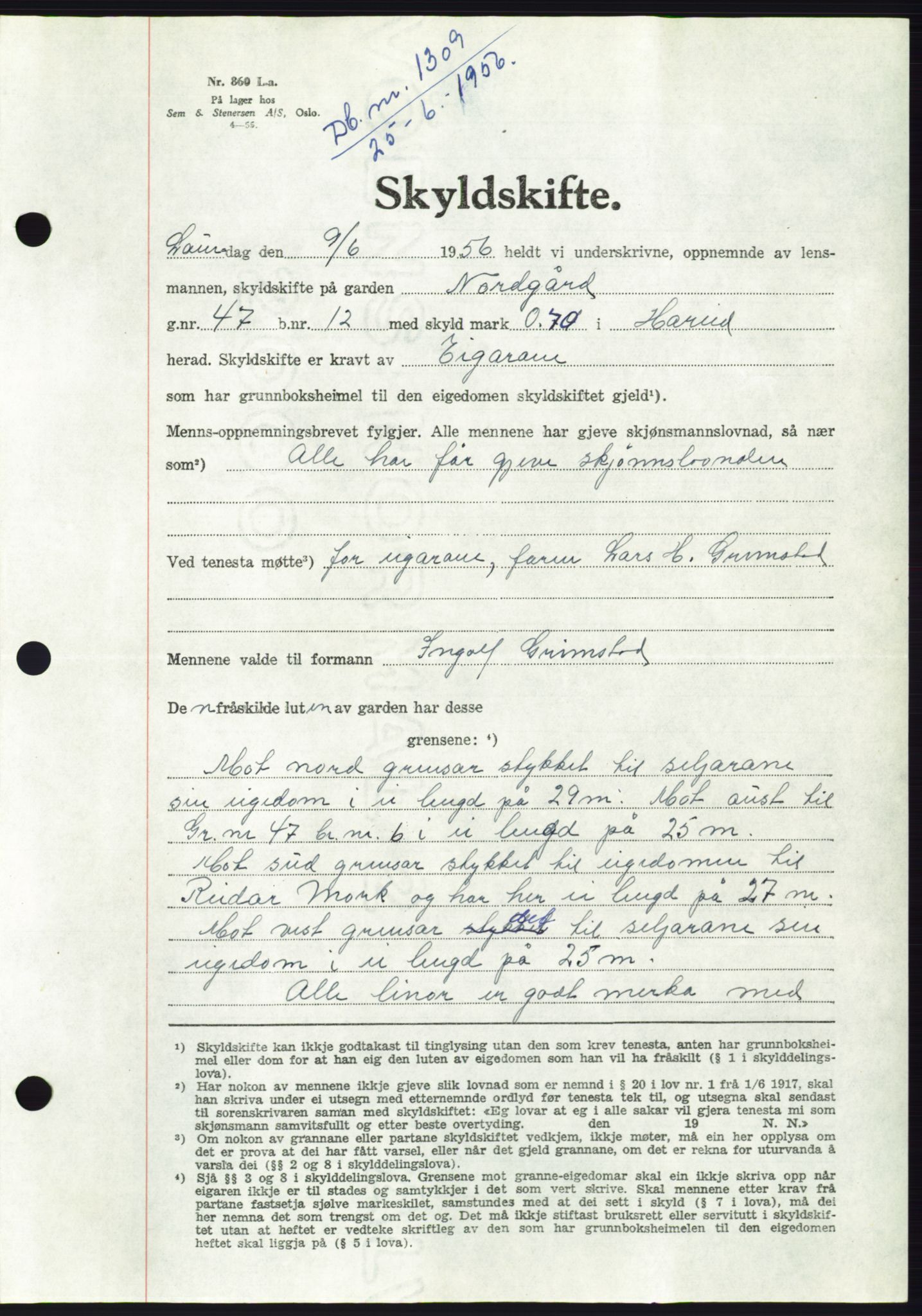 Søre Sunnmøre sorenskriveri, AV/SAT-A-4122/1/2/2C/L0104: Pantebok nr. 30A, 1956-1956, Dagboknr: 1309/1956