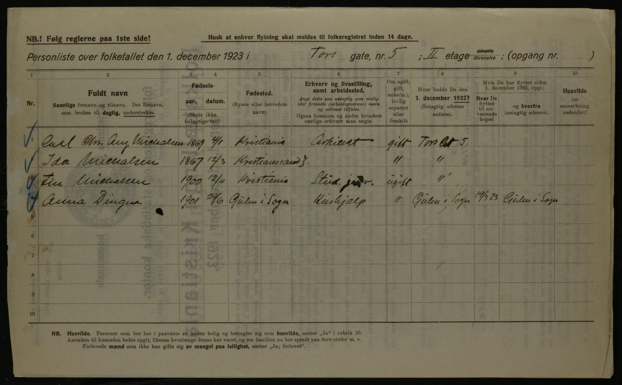 OBA, Kommunal folketelling 1.12.1923 for Kristiania, 1923, s. 126161