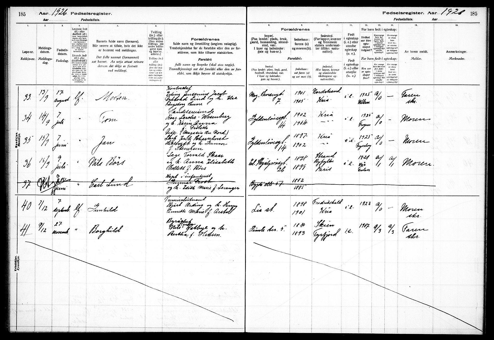 Frogner prestekontor Kirkebøker, AV/SAO-A-10886/J/Ja/L0001: Fødselsregister nr. 1, 1916-1927, s. 185