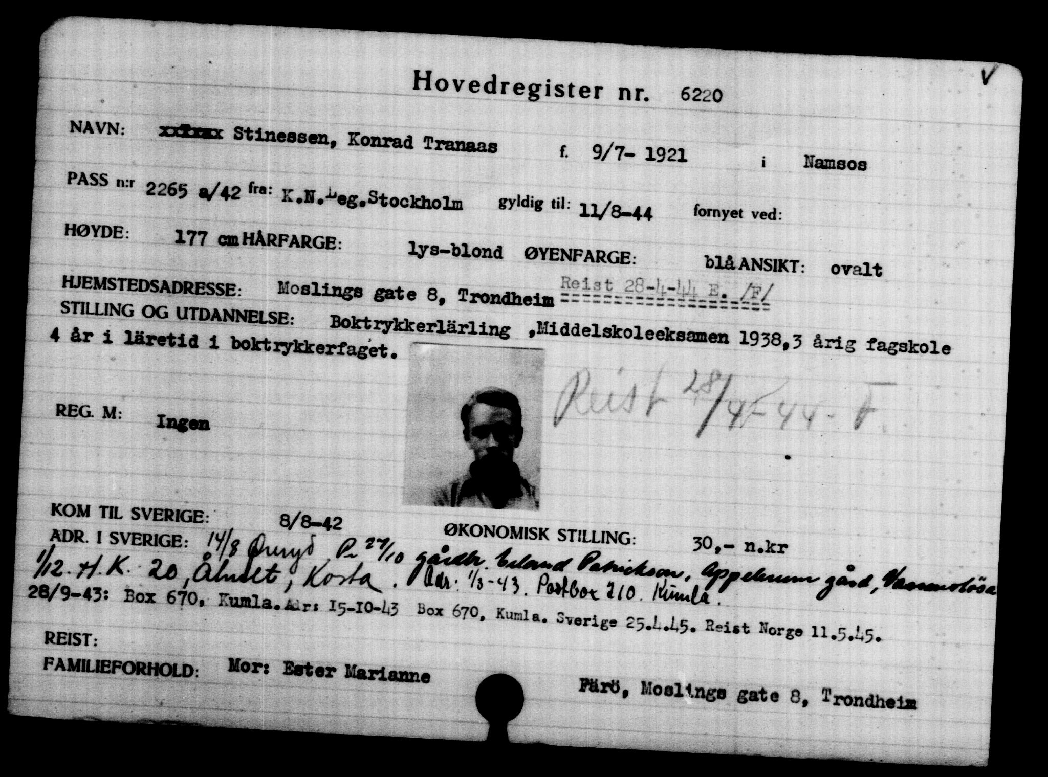 Utenriksstasjonene, Legasjonen i Stockholm, Flyktningkontoret, AV/RA-S-6753/V/Va/L0004: Kjesäterkartoteket, flyktninger med registreringsnr. 3496-6610, 1940-1945, s. 3207