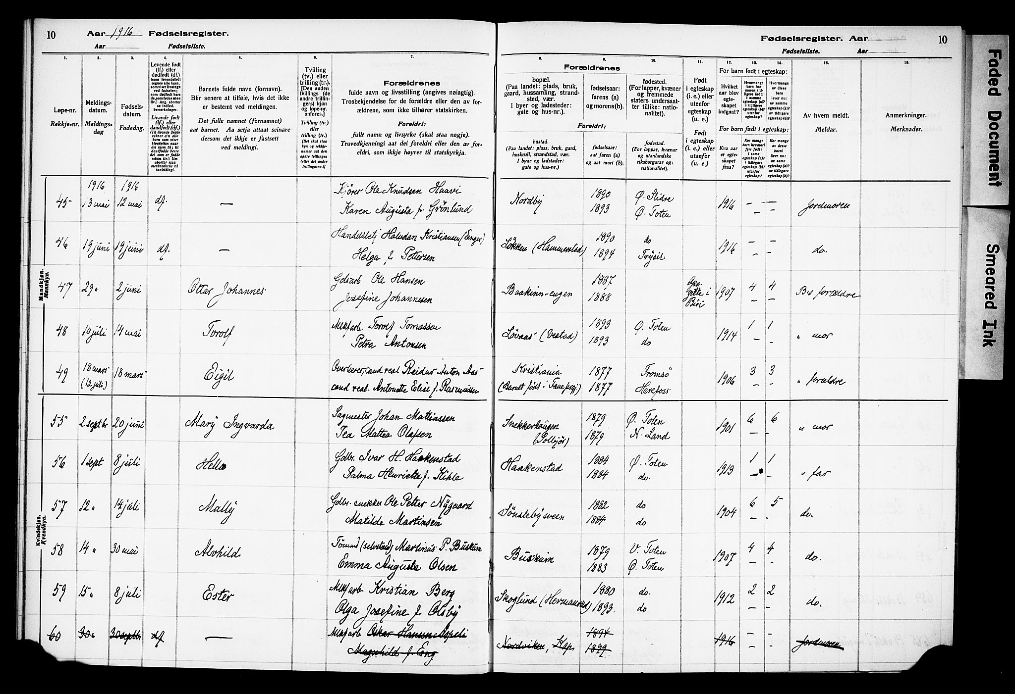 Østre Toten prestekontor, AV/SAH-PREST-104/I/Id/L0001/0001: Fødselsregister nr. 1.1, 1916-1928, s. 10