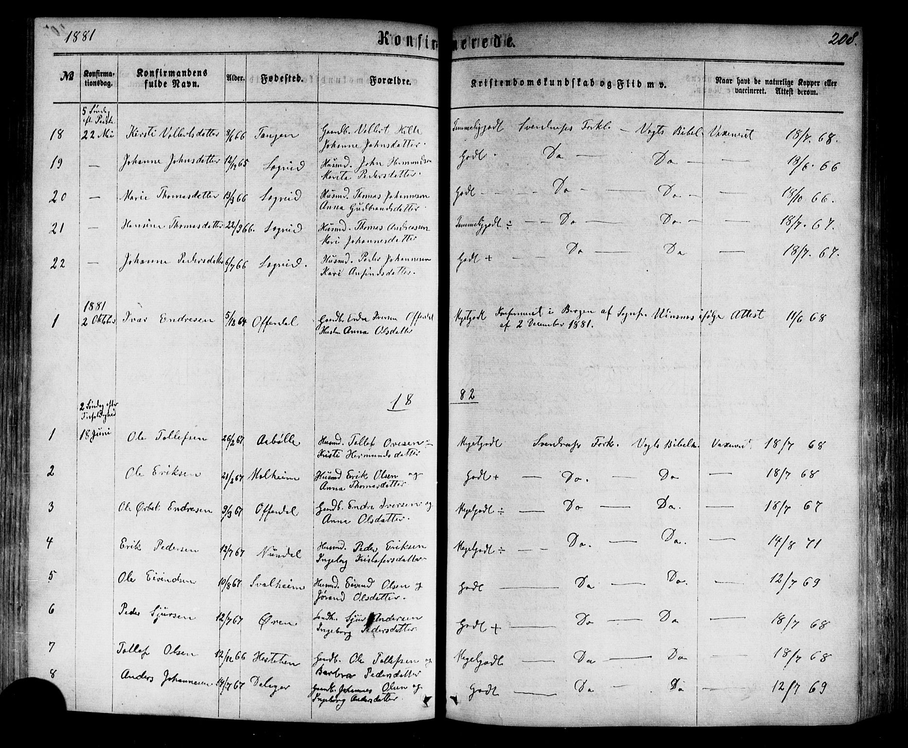 Årdal sokneprestembete, AV/SAB-A-81701: Ministerialbok nr. A 3, 1863-1886, s. 208