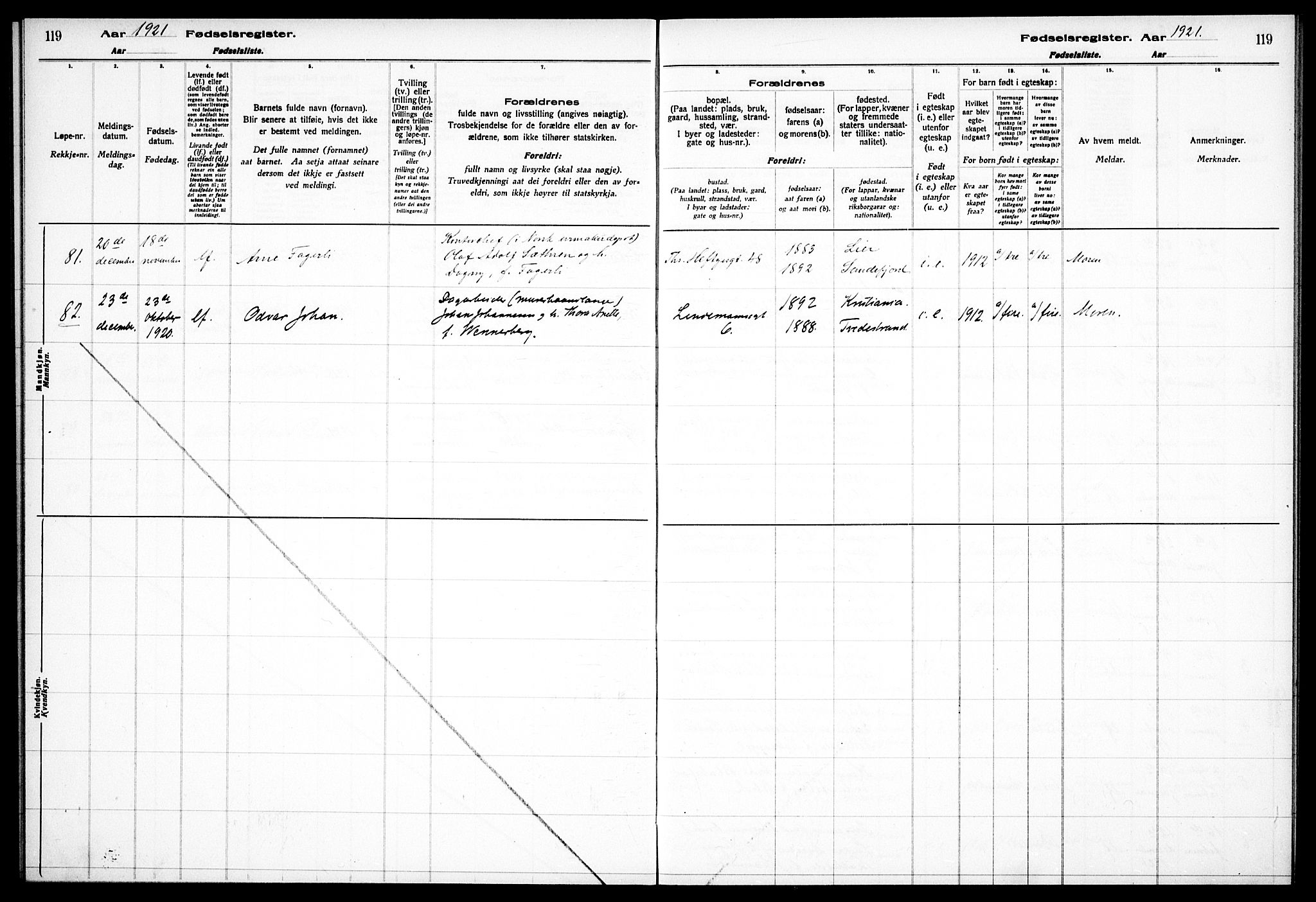 Frogner prestekontor Kirkebøker, AV/SAO-A-10886/J/Ja/L0001: Fødselsregister nr. 1, 1916-1927, s. 119