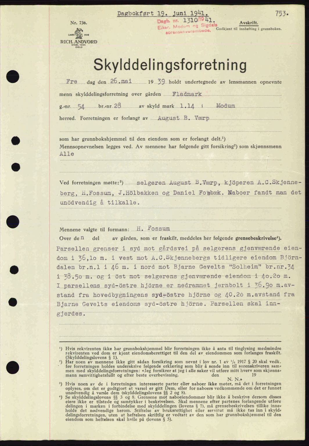 Eiker, Modum og Sigdal sorenskriveri, SAKO/A-123/G/Ga/Gab/L0043: Pantebok nr. A13, 1940-1941, Dagboknr: 1310/1941