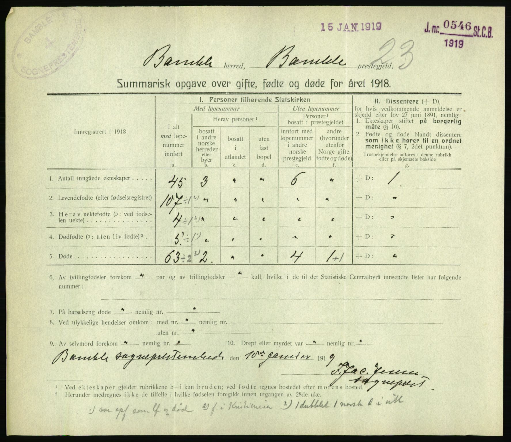 Statistisk sentralbyrå, Sosiodemografiske emner, Befolkning, AV/RA-S-2228/D/Df/Dfb/Dfbh/L0059: Summariske oppgaver over gifte, fødte og døde for hele landet., 1918, s. 537