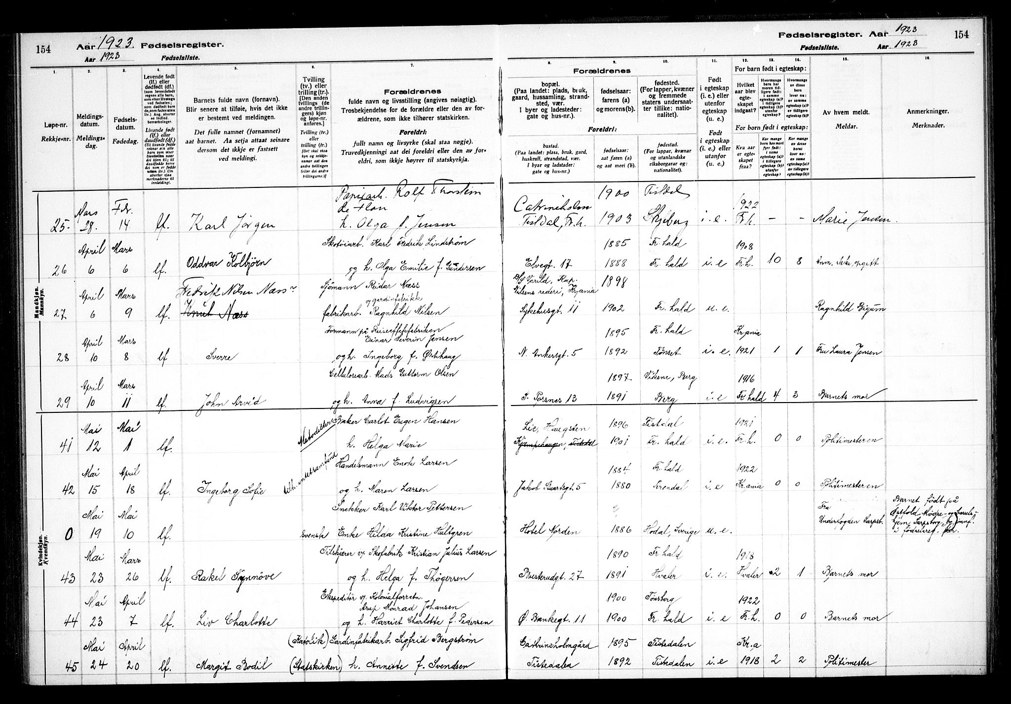 Halden prestekontor Kirkebøker, AV/SAO-A-10909/J/Ja/L0001: Fødselsregister nr. I 1, 1916-1925, s. 154
