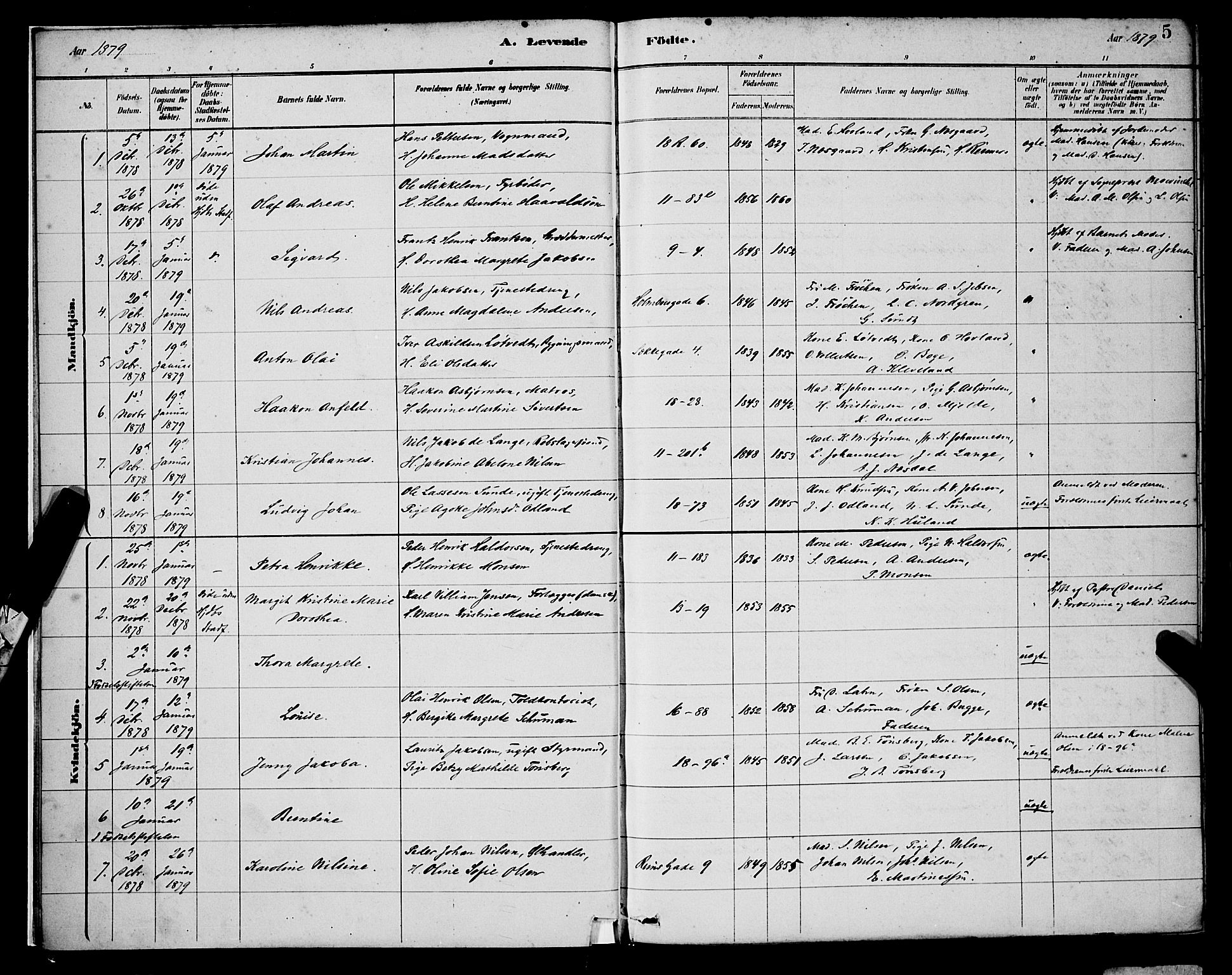 Domkirken sokneprestembete, AV/SAB-A-74801/H/Hab/L0015: Klokkerbok nr. B 8, 1879-1887, s. 5