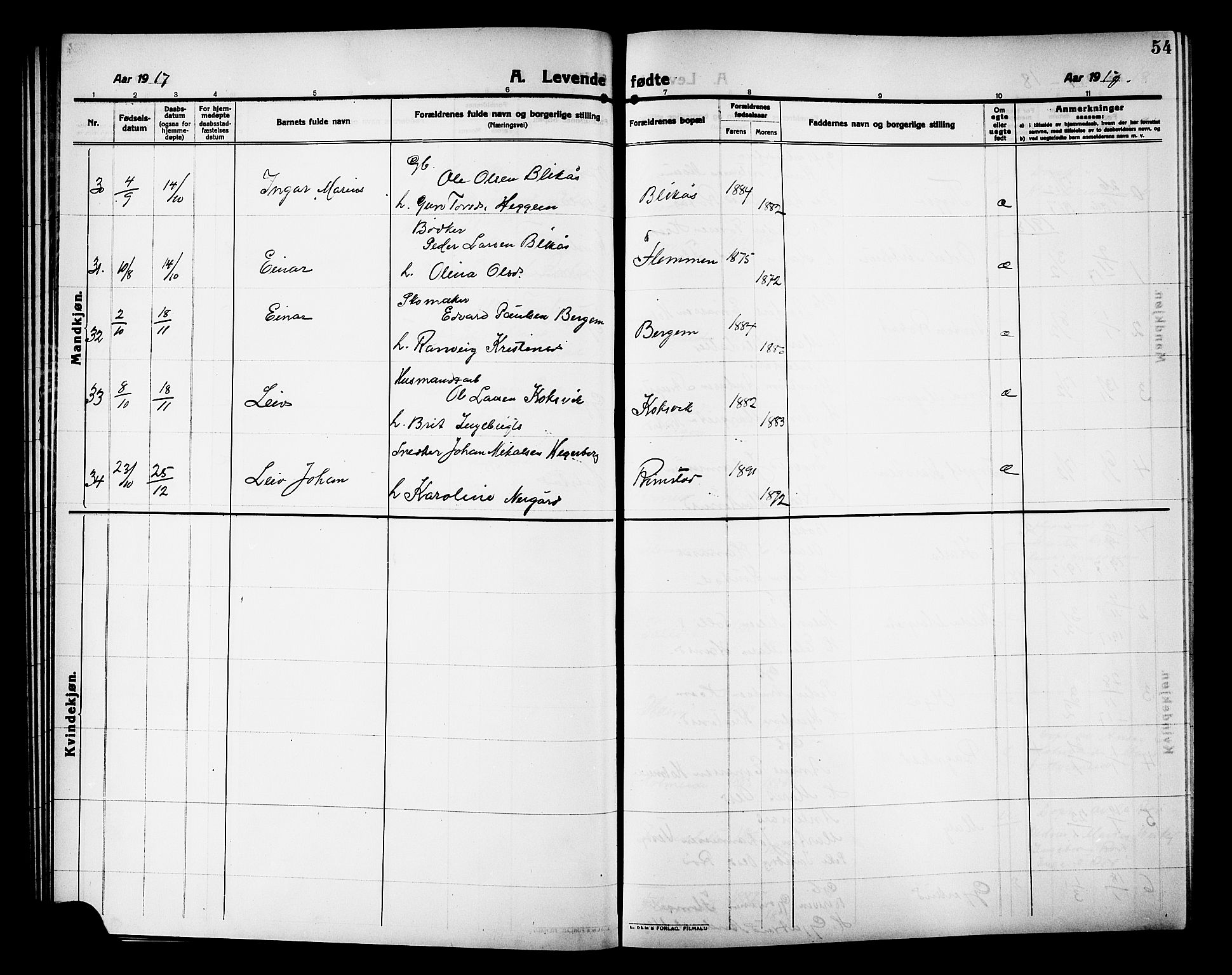 Ministerialprotokoller, klokkerbøker og fødselsregistre - Møre og Romsdal, AV/SAT-A-1454/586/L0993: Klokkerbok nr. 586C04, 1910-1918, s. 54