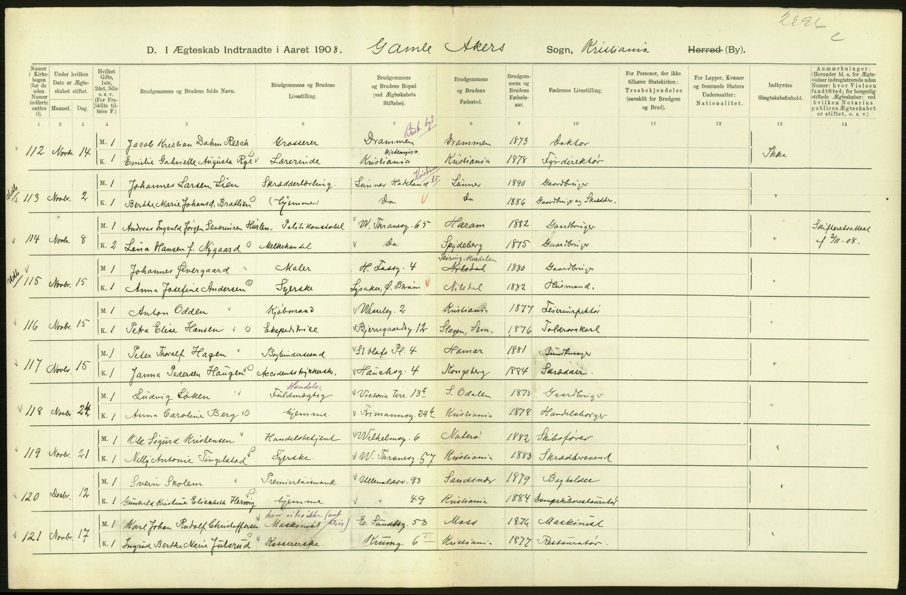 Statistisk sentralbyrå, Sosiodemografiske emner, Befolkning, AV/RA-S-2228/D/Df/Dfa/Dfaf/L0007: Kristiania: Gifte, 1908, s. 322