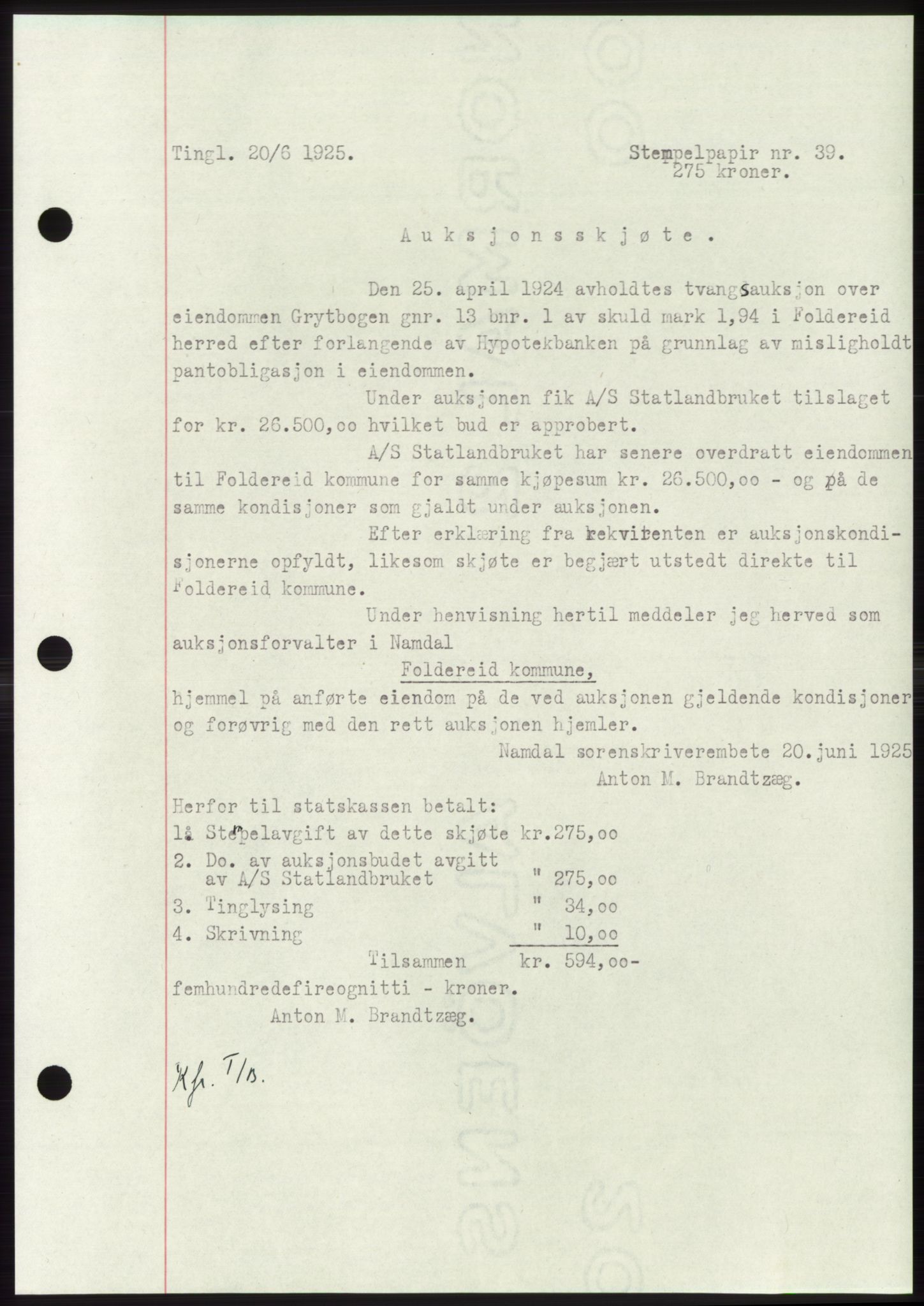 Namdal sorenskriveri, SAT/A-4133/1/2/2C: Pantebok nr. -, 1922-1925, Tingl.dato: 20.06.1925