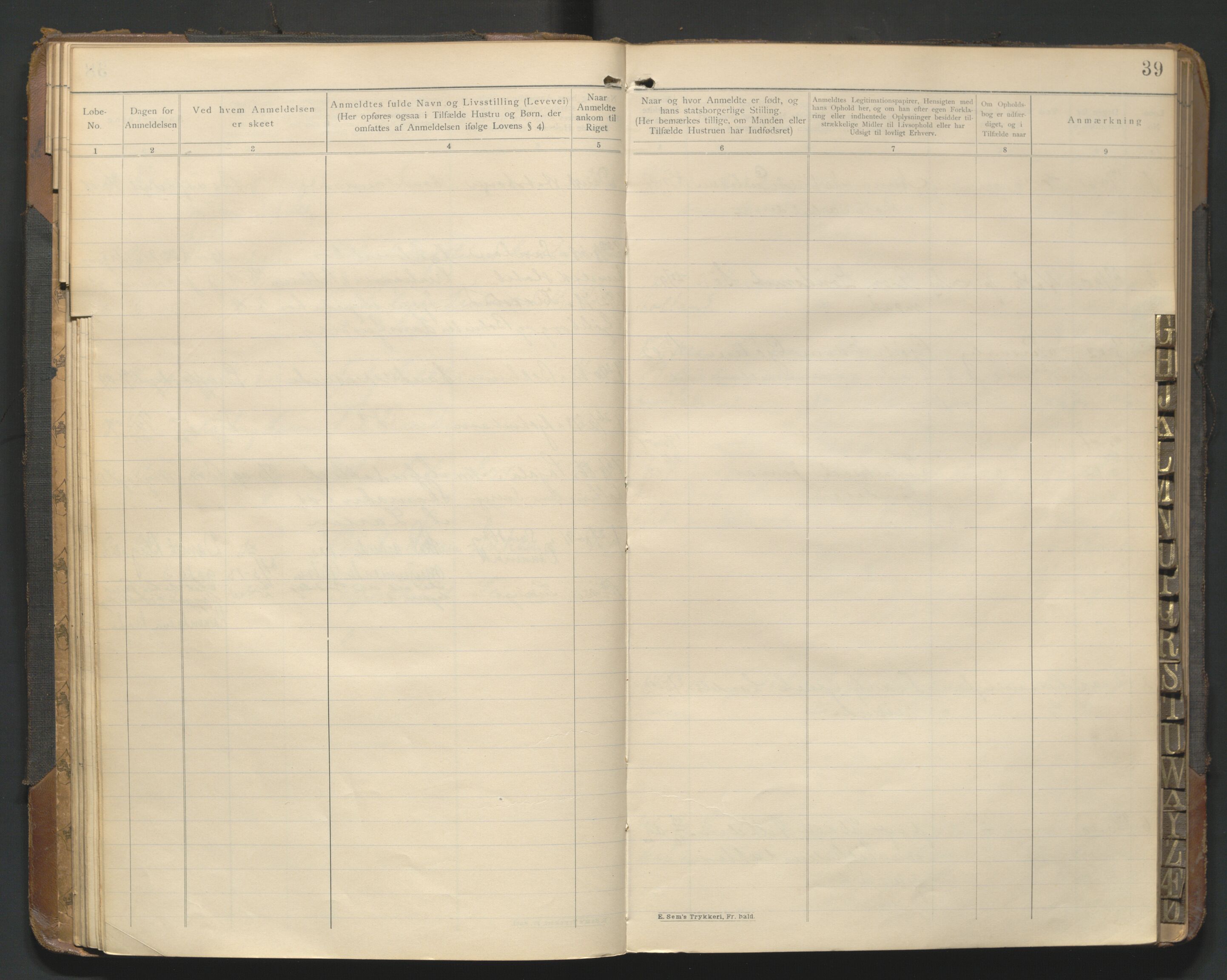 Fredrikstad politikammer, AV/SAO-A-10055/H/Hb/Hba/L0001: Protokoll over fremmede statsborgere, 1901-1916, s. 38b-39a