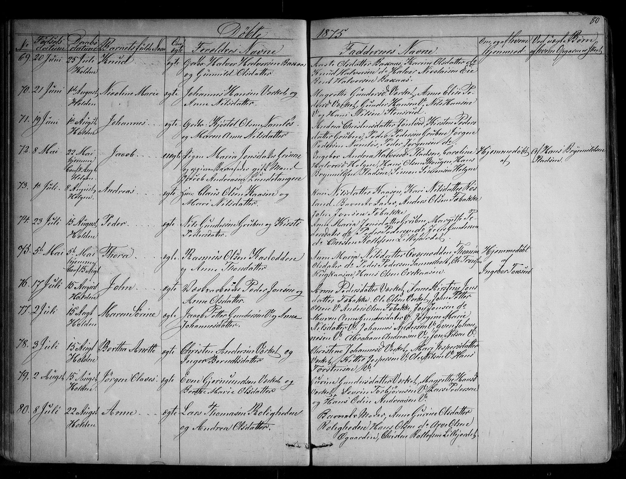 Holla kirkebøker, AV/SAKO-A-272/G/Ga/L0004: Klokkerbok nr. I 4, 1867-1890, s. 80