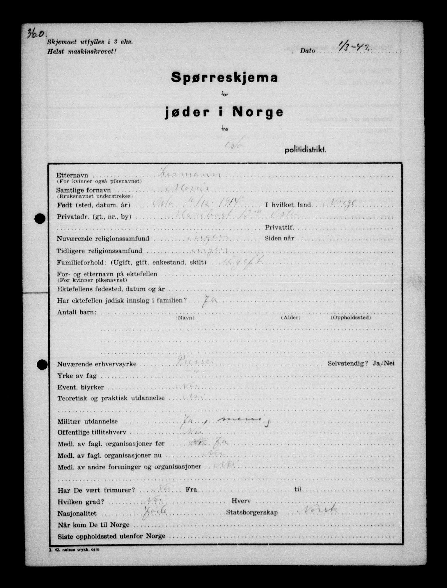 Statspolitiet - Hovedkontoret / Osloavdelingen, AV/RA-S-1329/G/Ga/L0010: Spørreskjema for jøder i Norge, Oslo Hansen-Pintzow, 1942, s. 297