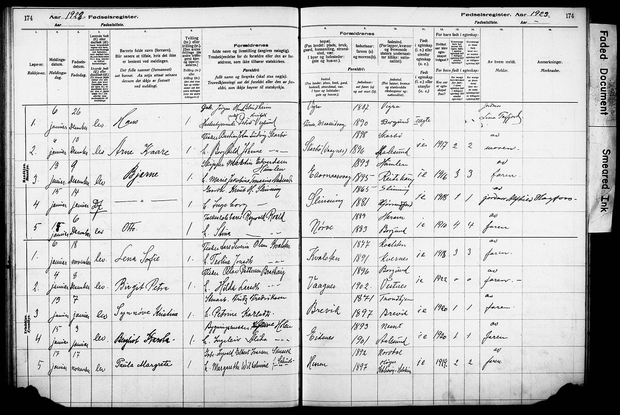 Ministerialprotokoller, klokkerbøker og fødselsregistre - Møre og Romsdal, AV/SAT-A-1454/528/L0442: Fødselsregister nr. 528.II.4.1, 1916-1924, s. 174