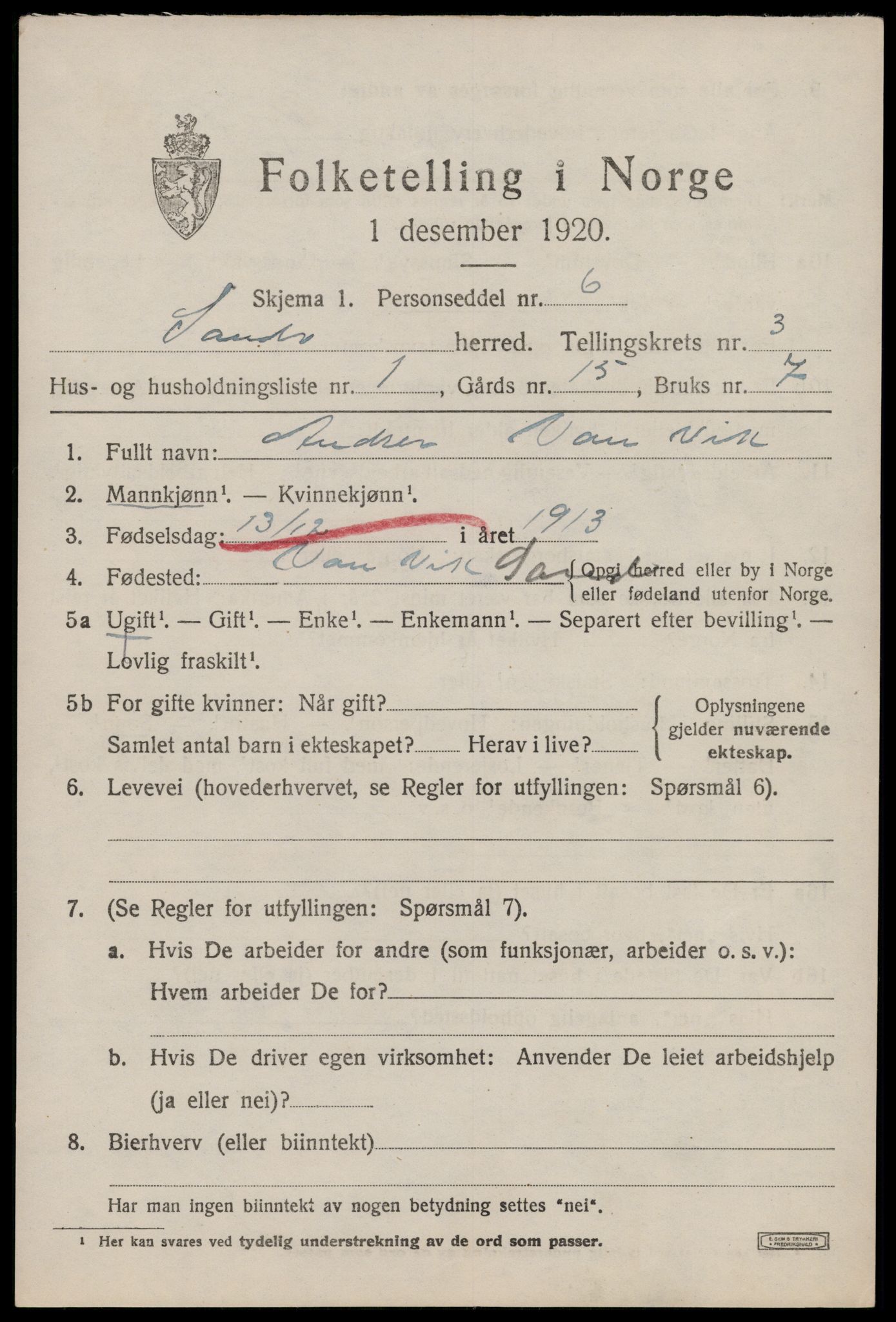 SAST, Folketelling 1920 for 1136 Sand herred, 1920, s. 1065