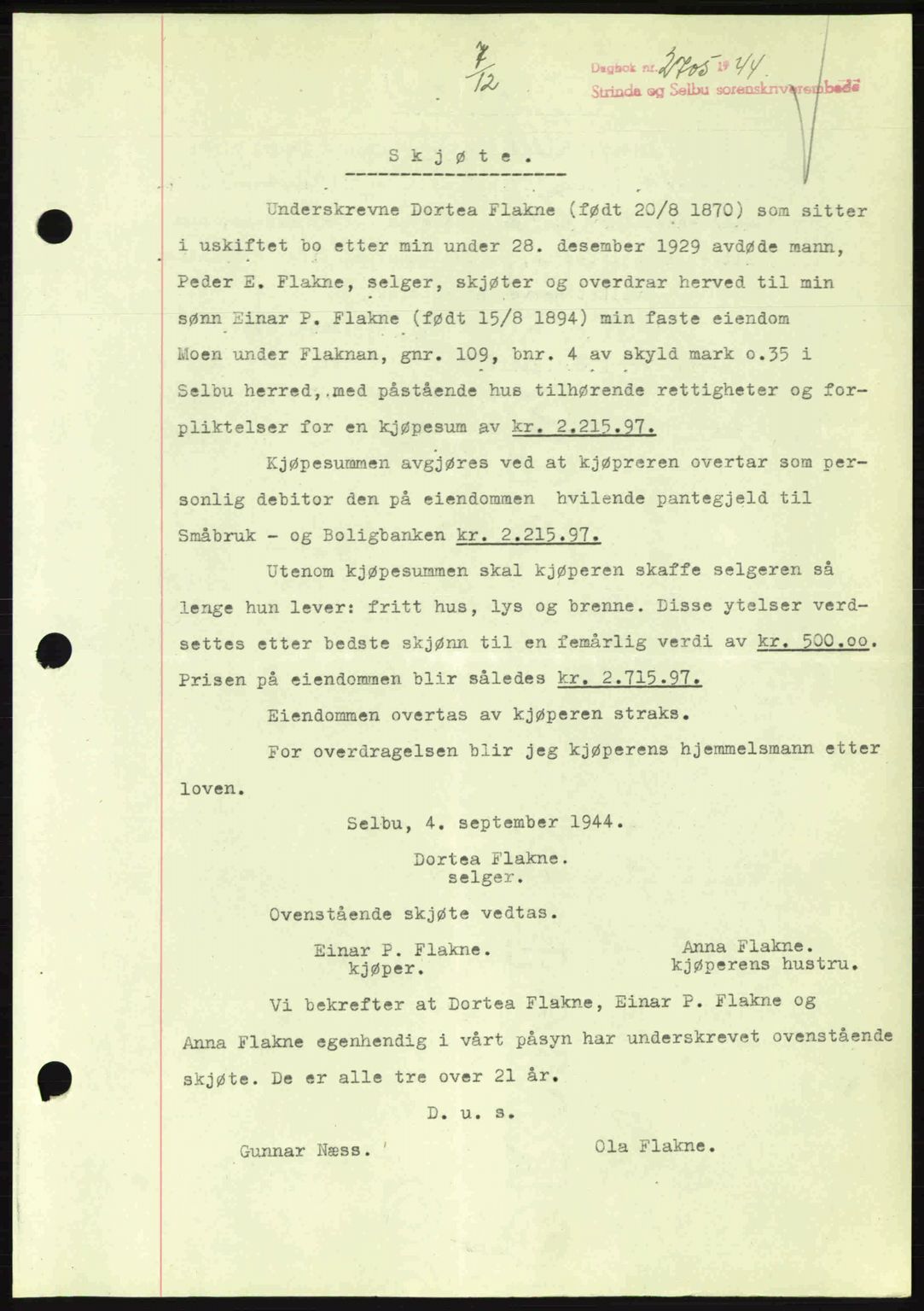 Strinda og Selbu sorenskriveri, SAT/A-0015/2/2C: Pantebok nr. A9, 1944-1945, Dagboknr: 2705/1944