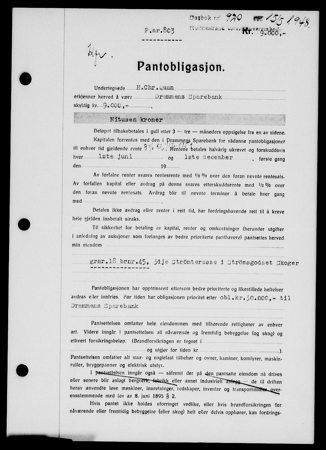Holmestrand sorenskriveri, SAKO/A-67/G/Ga/Gab/L0058: Pantebok nr. B-58, 1947-1948, Dagboknr: 920/1948