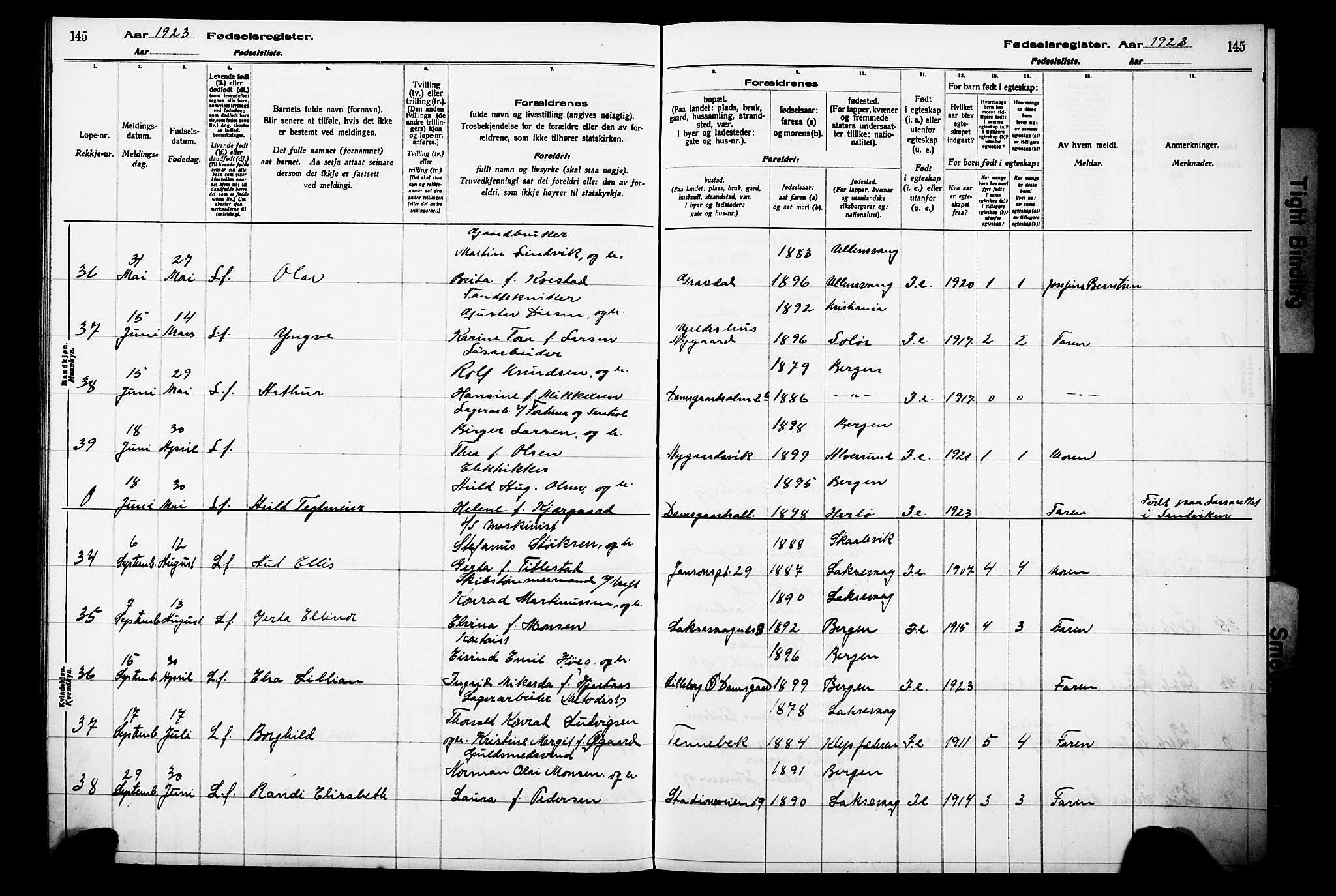 Laksevåg Sokneprestembete, AV/SAB-A-76501/I/Id/L00A1: Fødselsregister nr. A 1, 1916-1926, s. 145