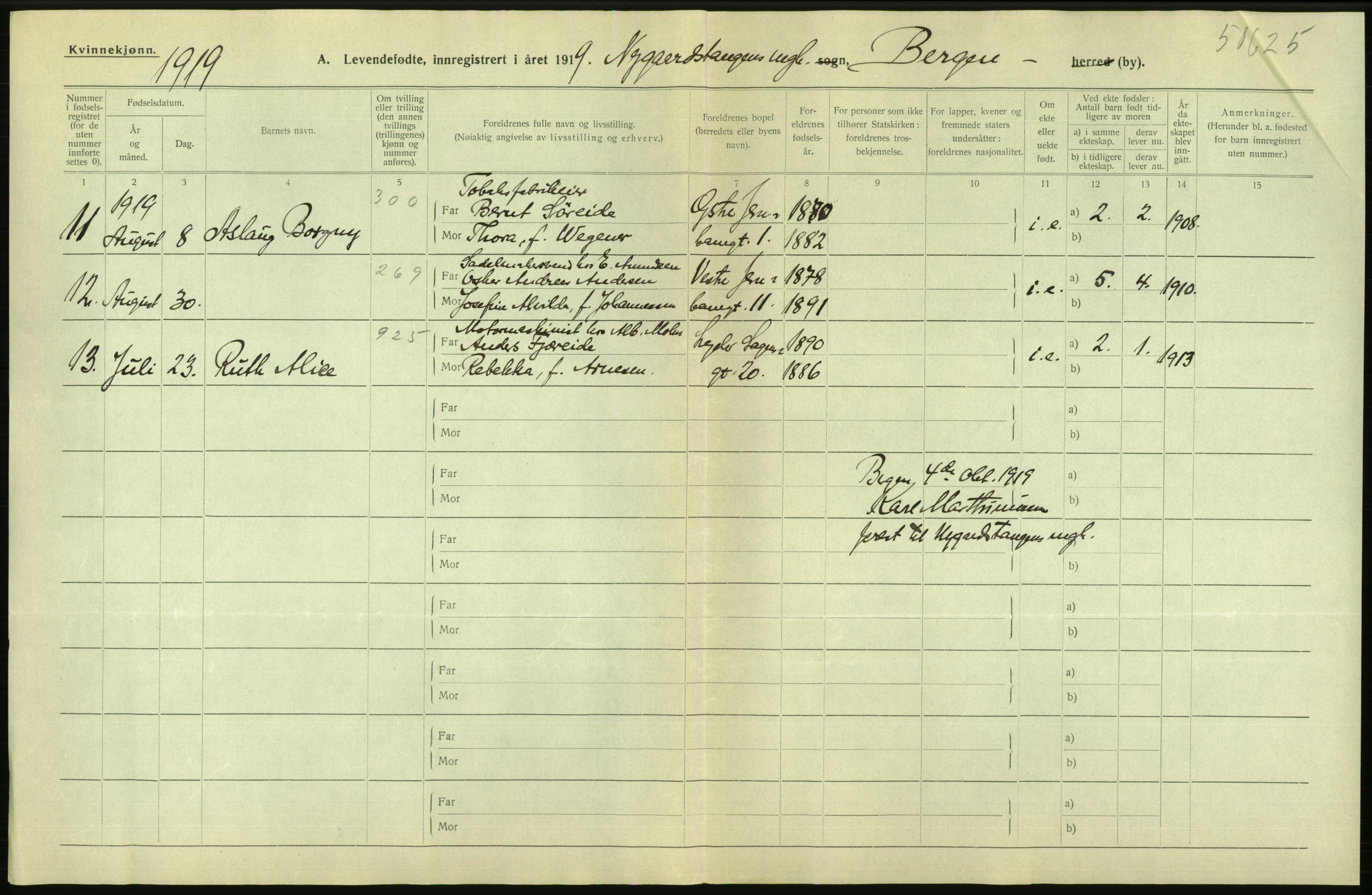 Statistisk sentralbyrå, Sosiodemografiske emner, Befolkning, AV/RA-S-2228/D/Df/Dfb/Dfbi/L0034: Bergen: Levendefødte menn og kvinner., 1919, s. 16