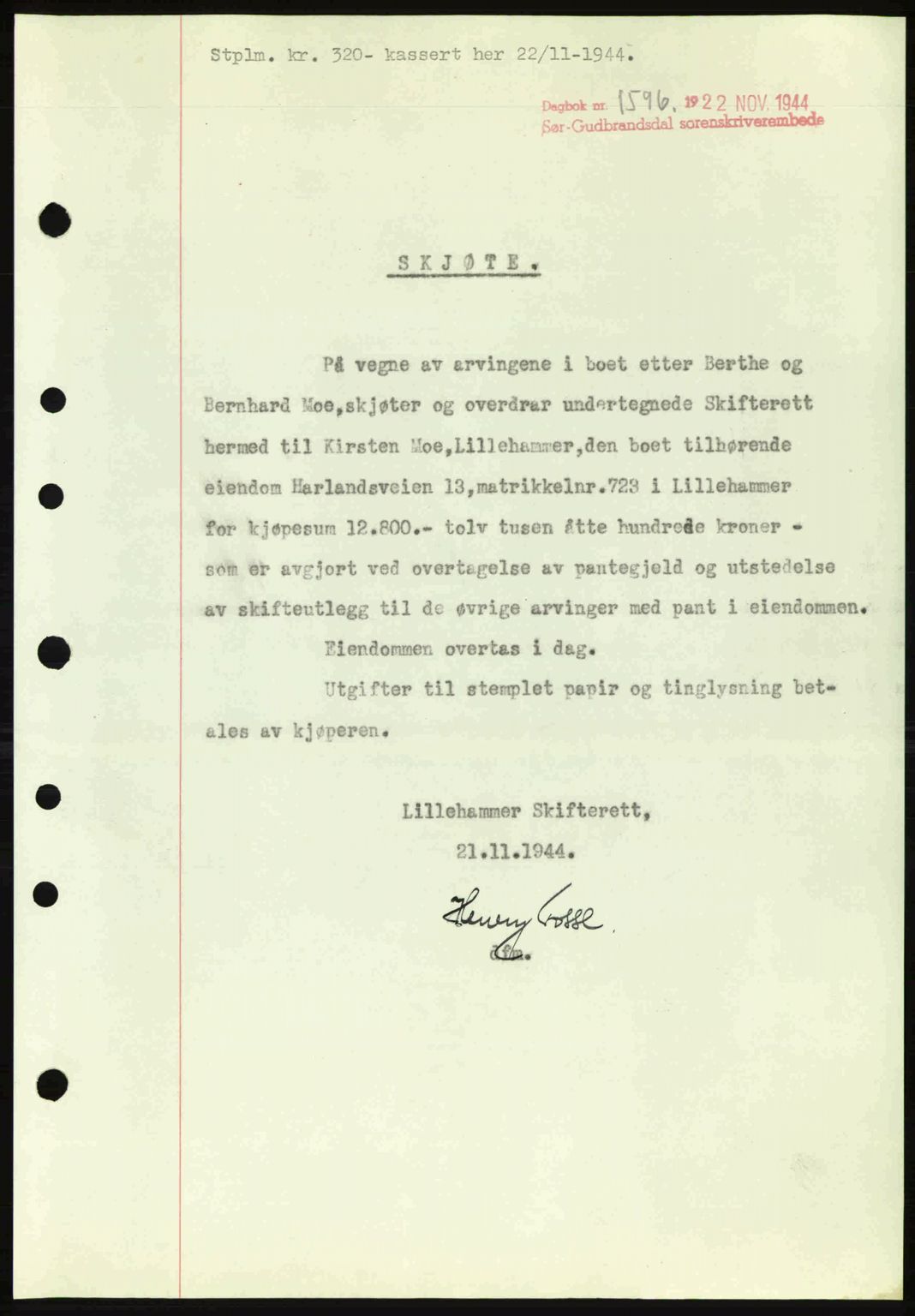 Sør-Gudbrandsdal tingrett, SAH/TING-004/H/Hb/Hbd/L0014: Pantebok nr. A14, 1944-1945, Dagboknr: 1596/1944